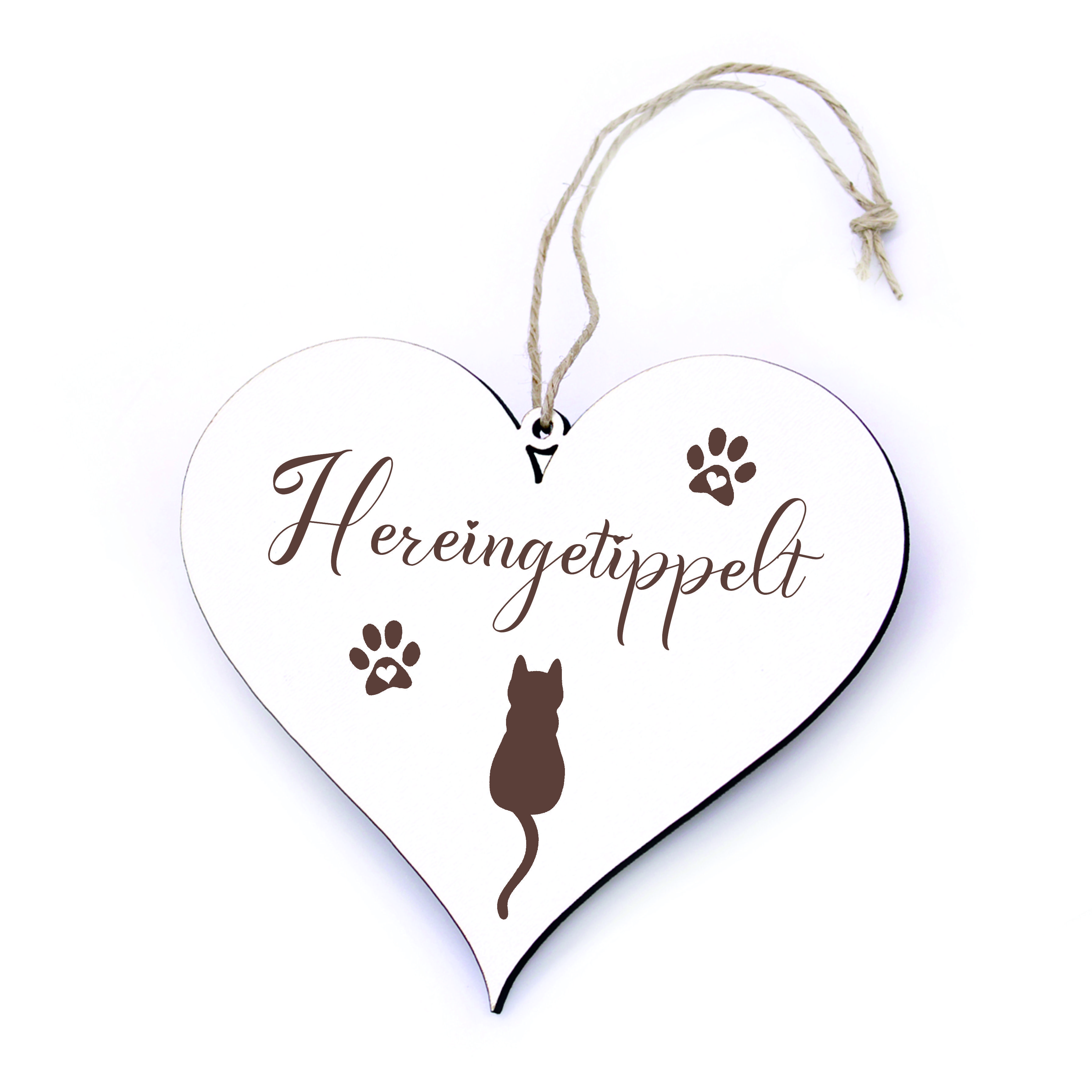 Shabby Herz Schild Hereingetippelt - Türschild mit Motiv Katze und Tatze 13x12