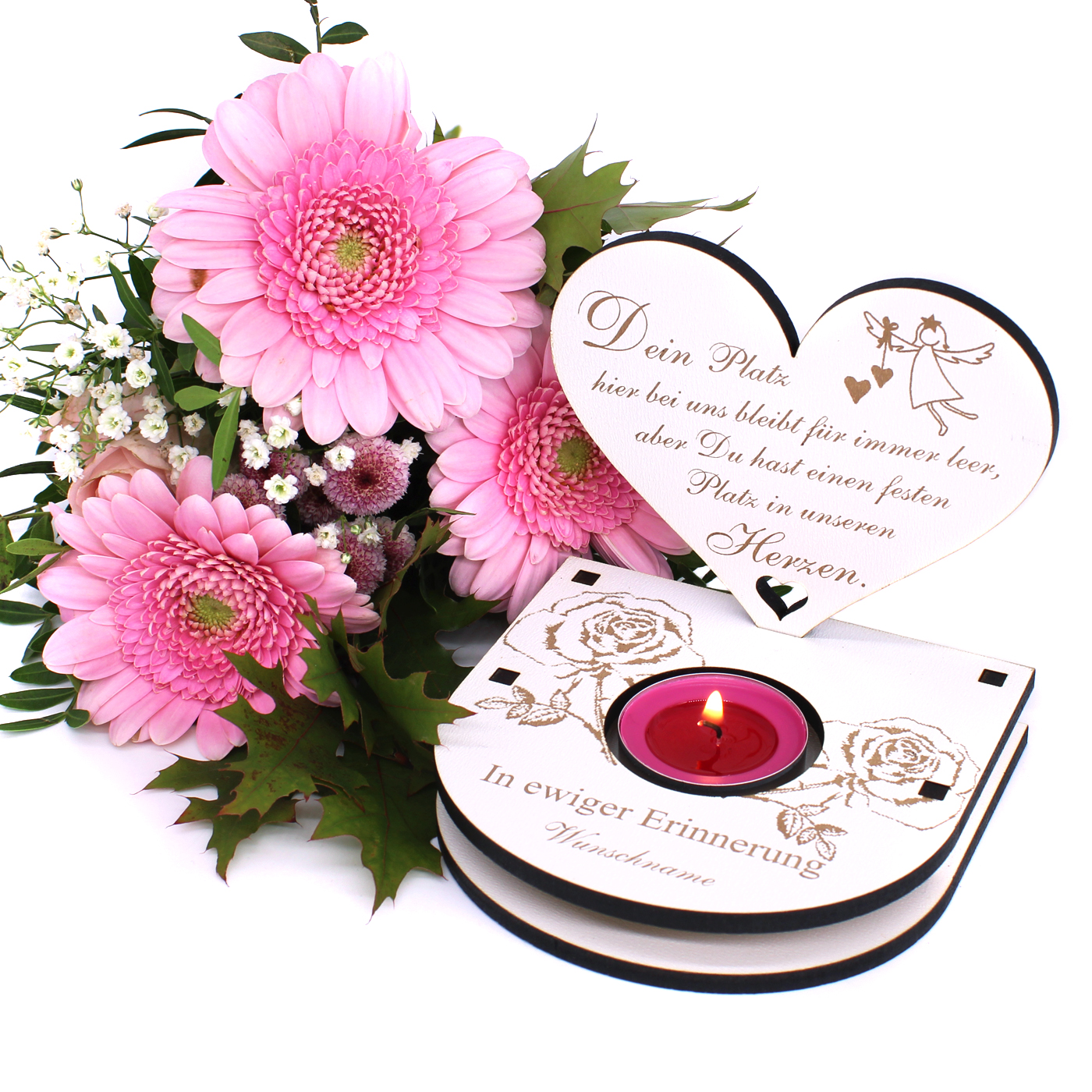 Trauer Teelichthalter Herz mit Trauerspruch und persönlichem Wunschnamen - mit Rosen Engel Motiv