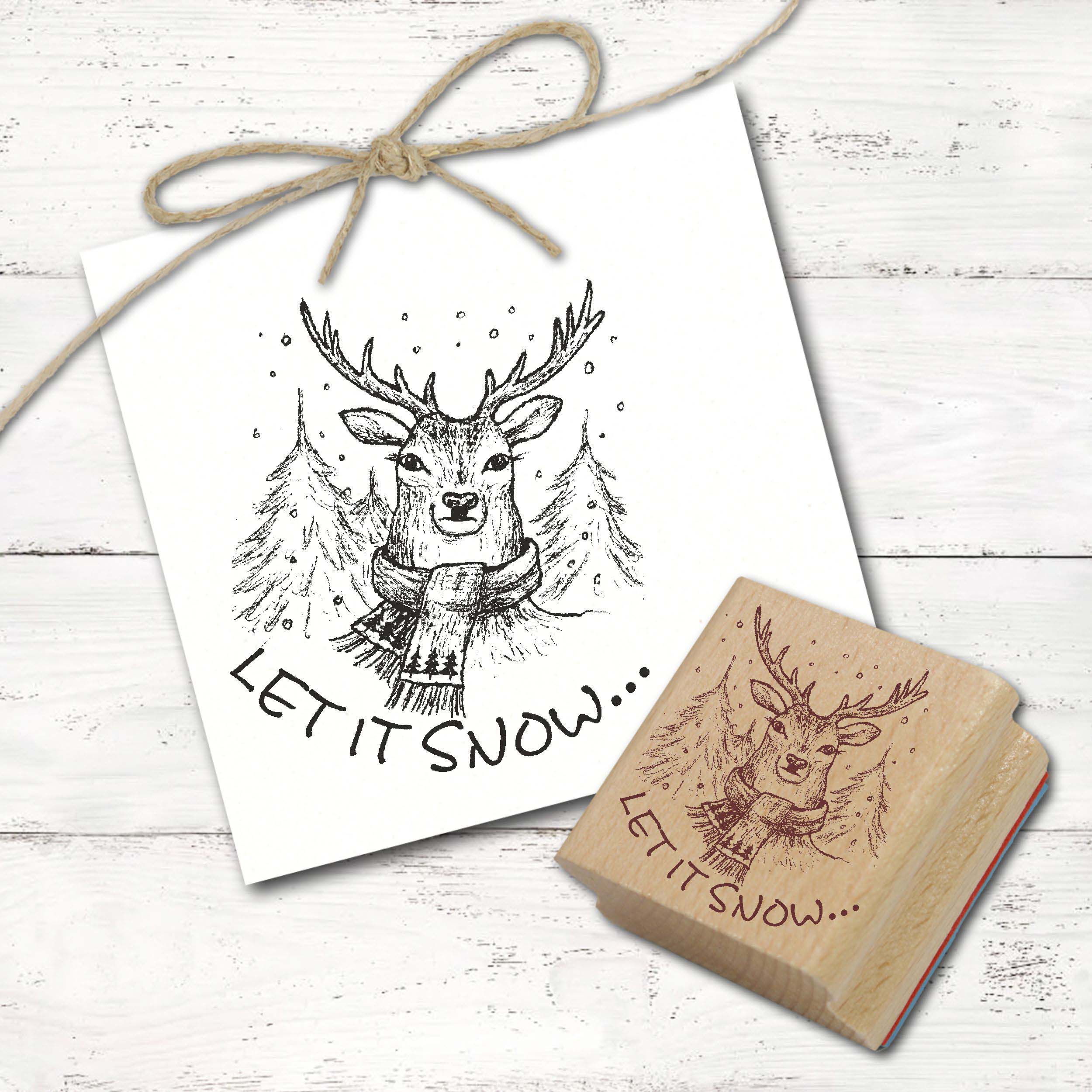 Motivstempel Let it snow - Winter Rentier mit Schal Stempel Tannen Holzstempel 58 mm x 68 mm