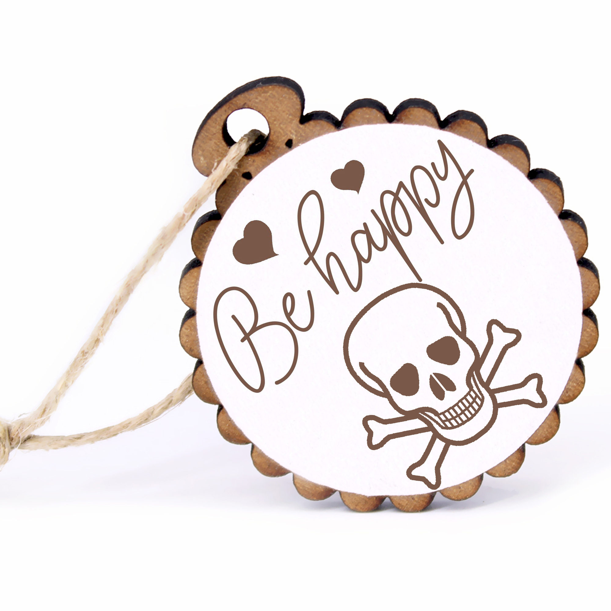 Geschenkanhänger - Be Happy Skull and Crossbones -  Holz Ø-5cm - mit Juteband