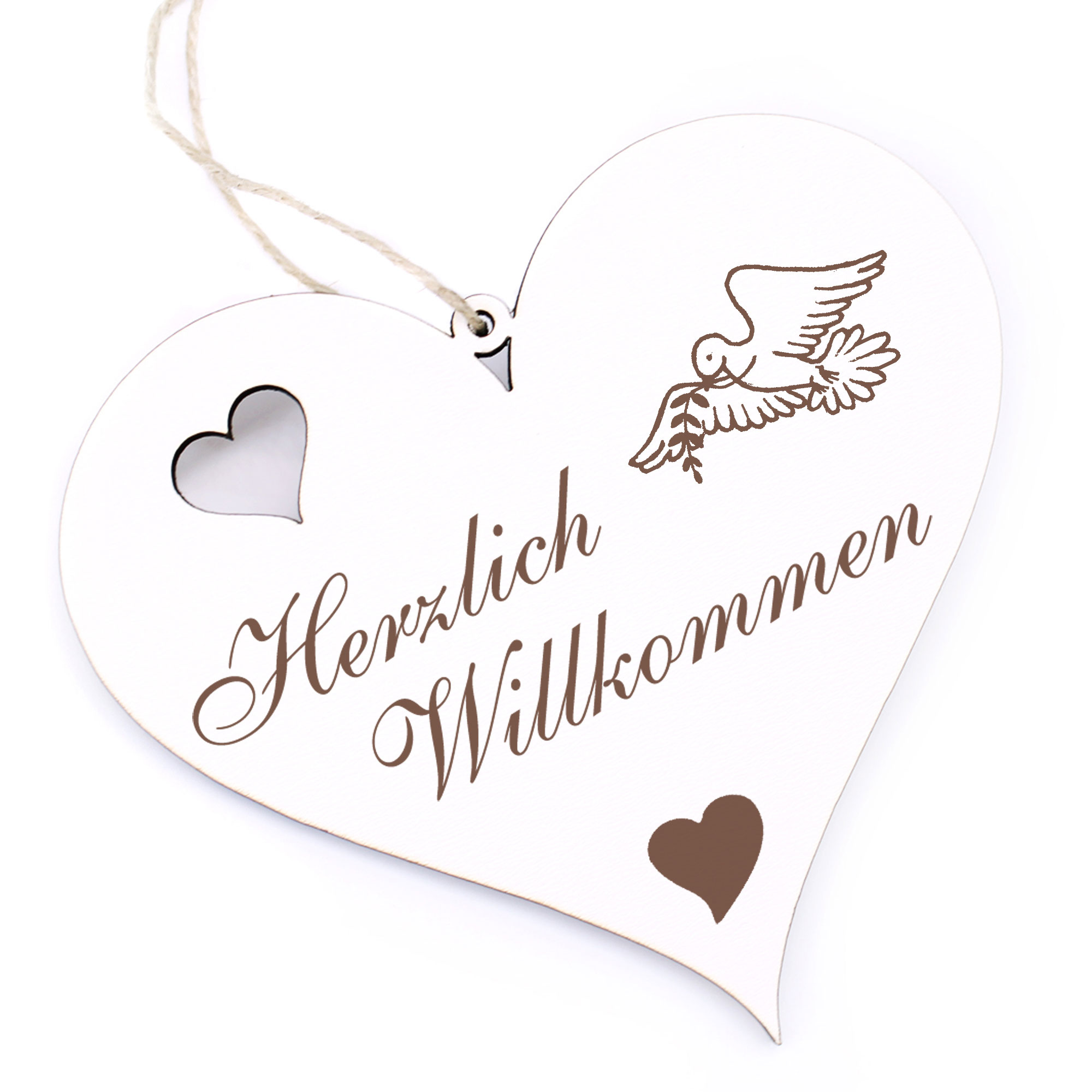 Herzlich Willkommen Schild - Taube mit Ast - Deko Herz Holz