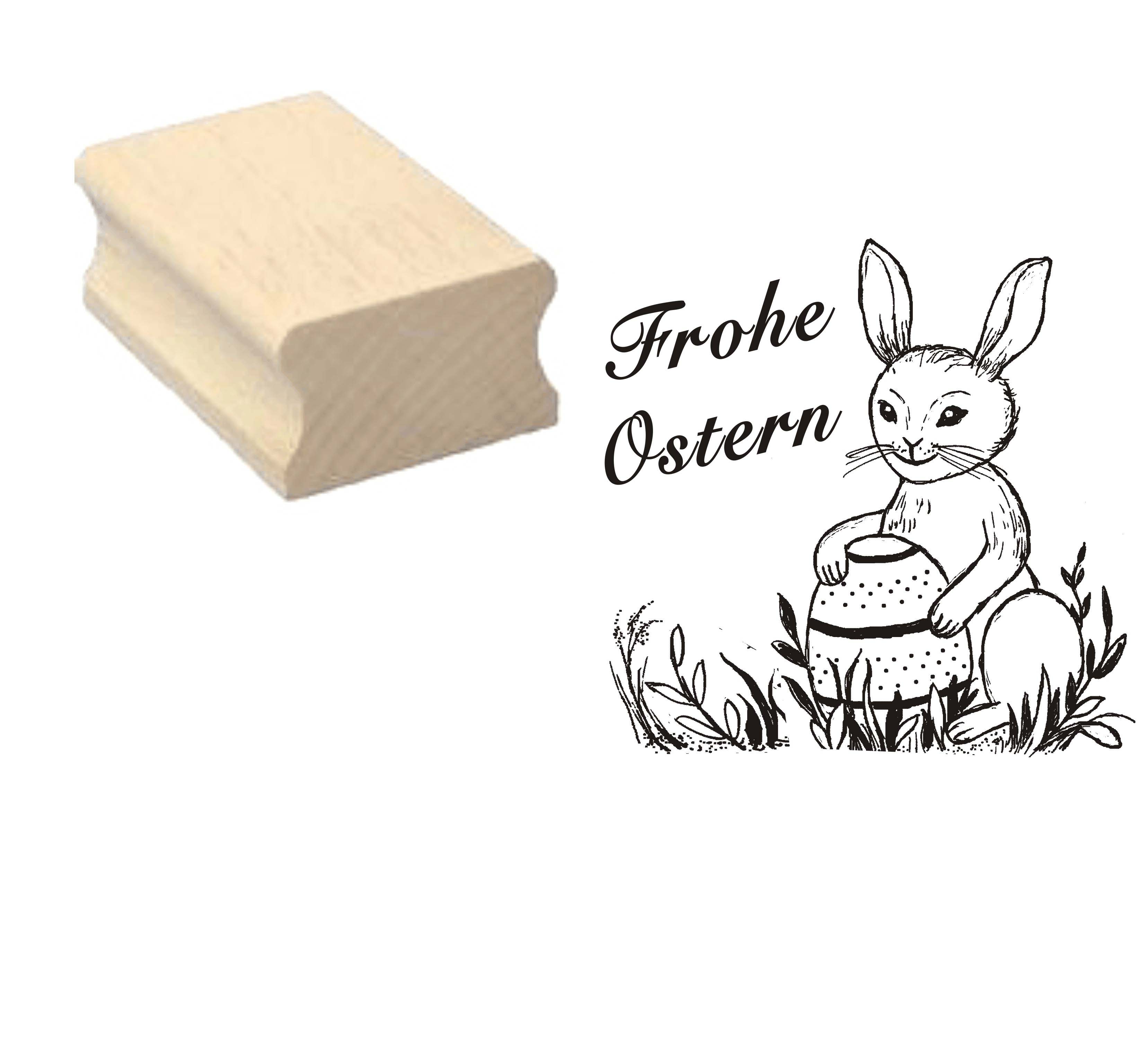 Stempel « FROHE OSTERN 04 » mit Motiv Osterhase Vintage Blumen - ca. 40 x 40 mm