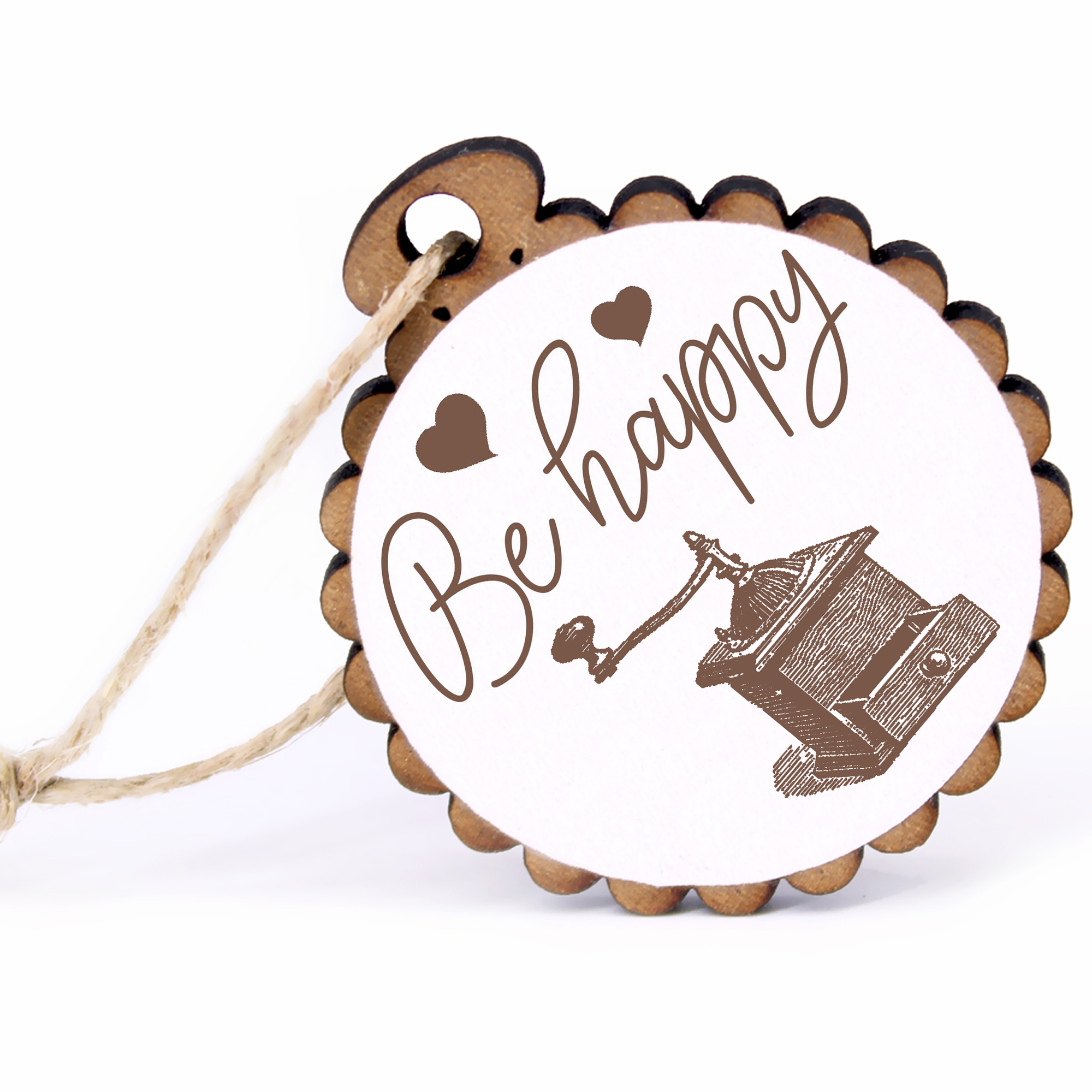 Geschenkanhänger - Be Happy Kurbel Kaffeemühle -  Holz Ø-5cm - mit Juteband