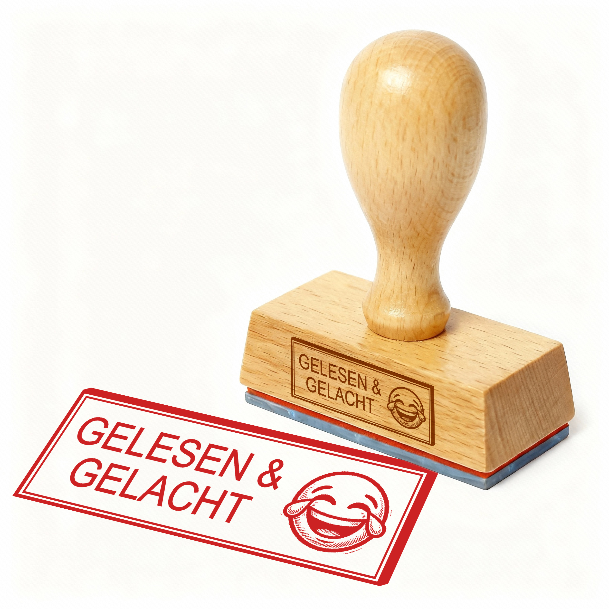 Bürostempel GELESEN & GELACHT Lach-Smiley Stempel – Holzstempel 48x18 mm für Dokumente - lustig, Humor, witzig