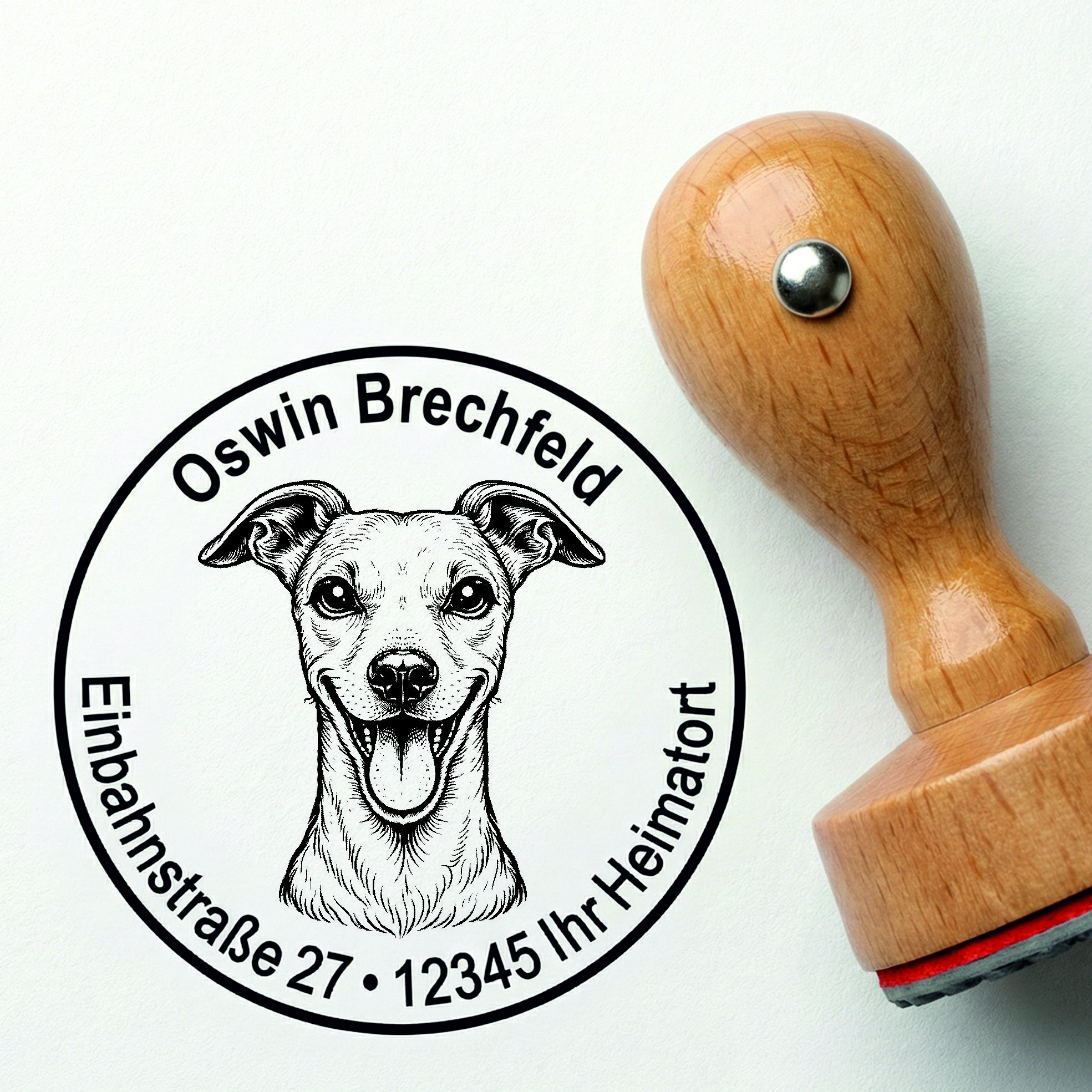 Stempel Whippet personalisiert – Hund Holzstempel mit Name & Adresse