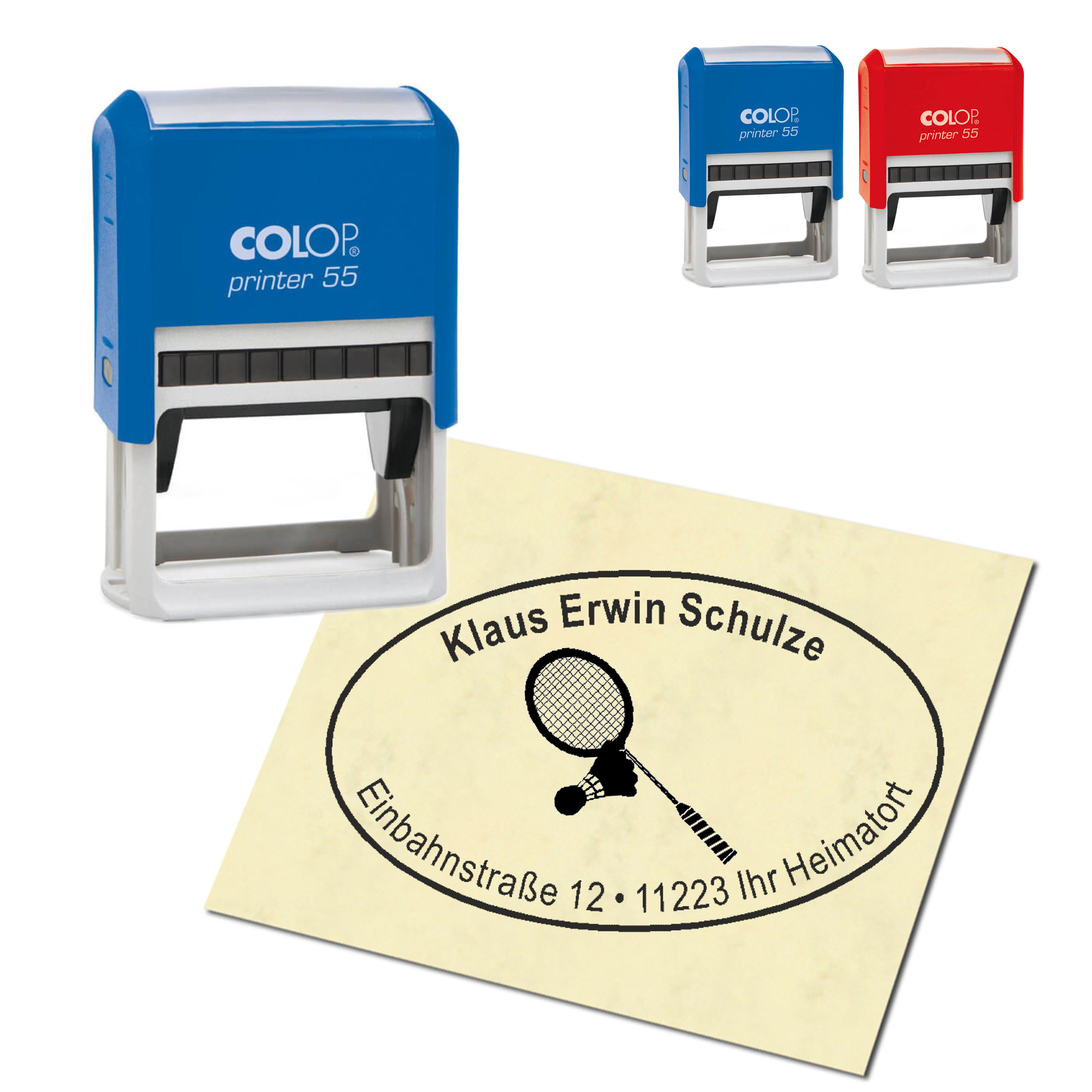 Adressstempel personalisiert Stempel - Badmintonschläger - oval 59 x 39 mm