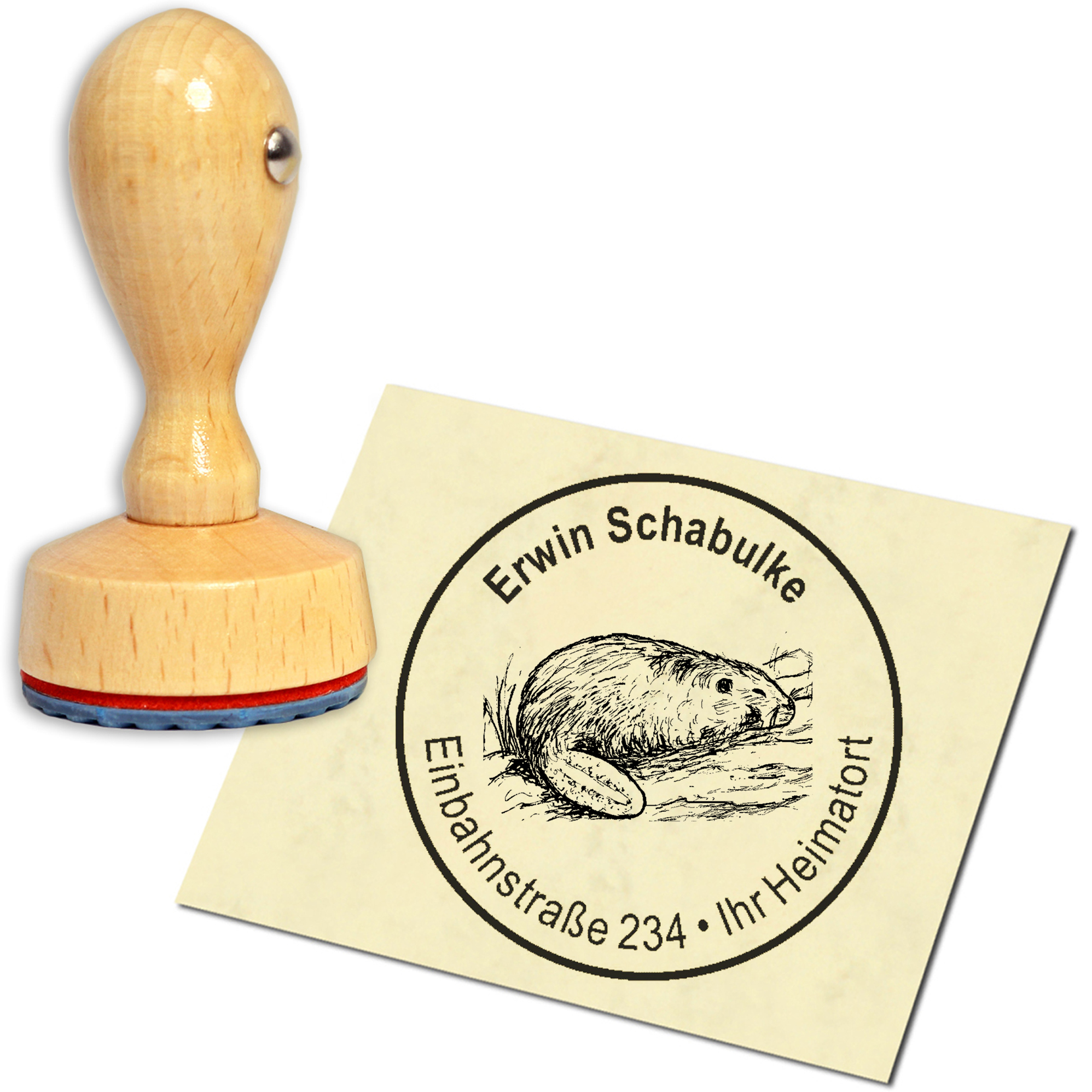 Stempel Adressstempel Holzstempel - Biber im Wasser - rund 40mm