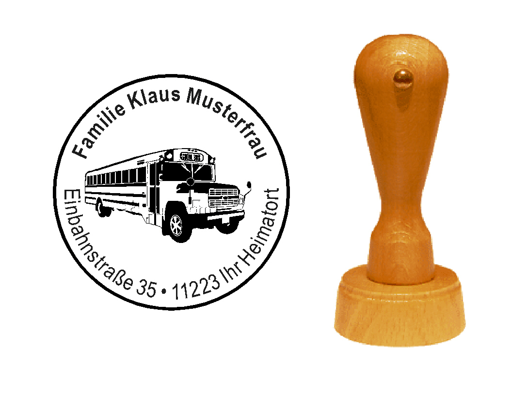 « Schulbus » Holzstempel mit persönlichem Wunschtext