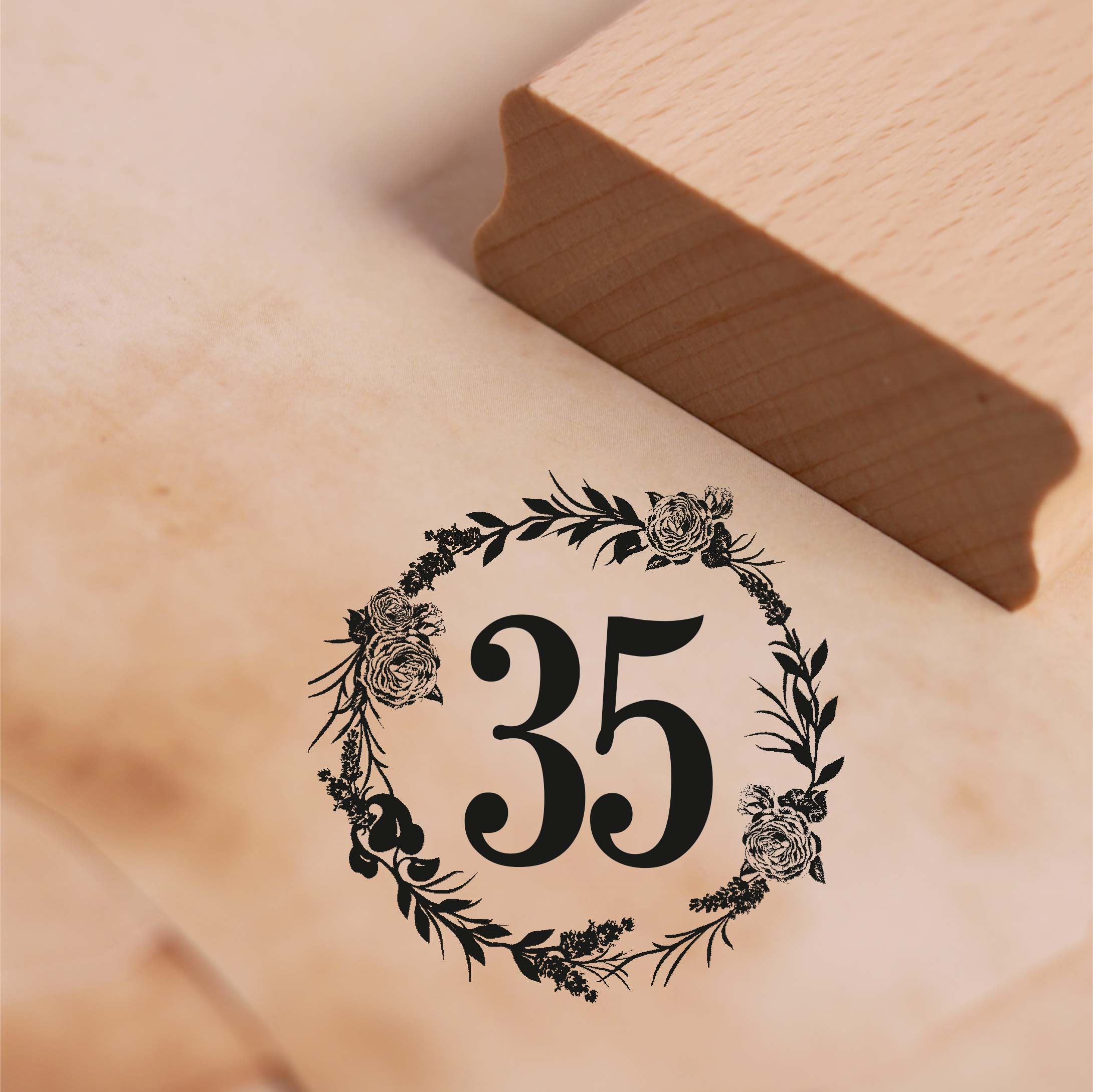 Motivstempel Jubiläum 35 Jahre Geburtstag Vintage Kranz Rosen Stempel 48 x 48 mm