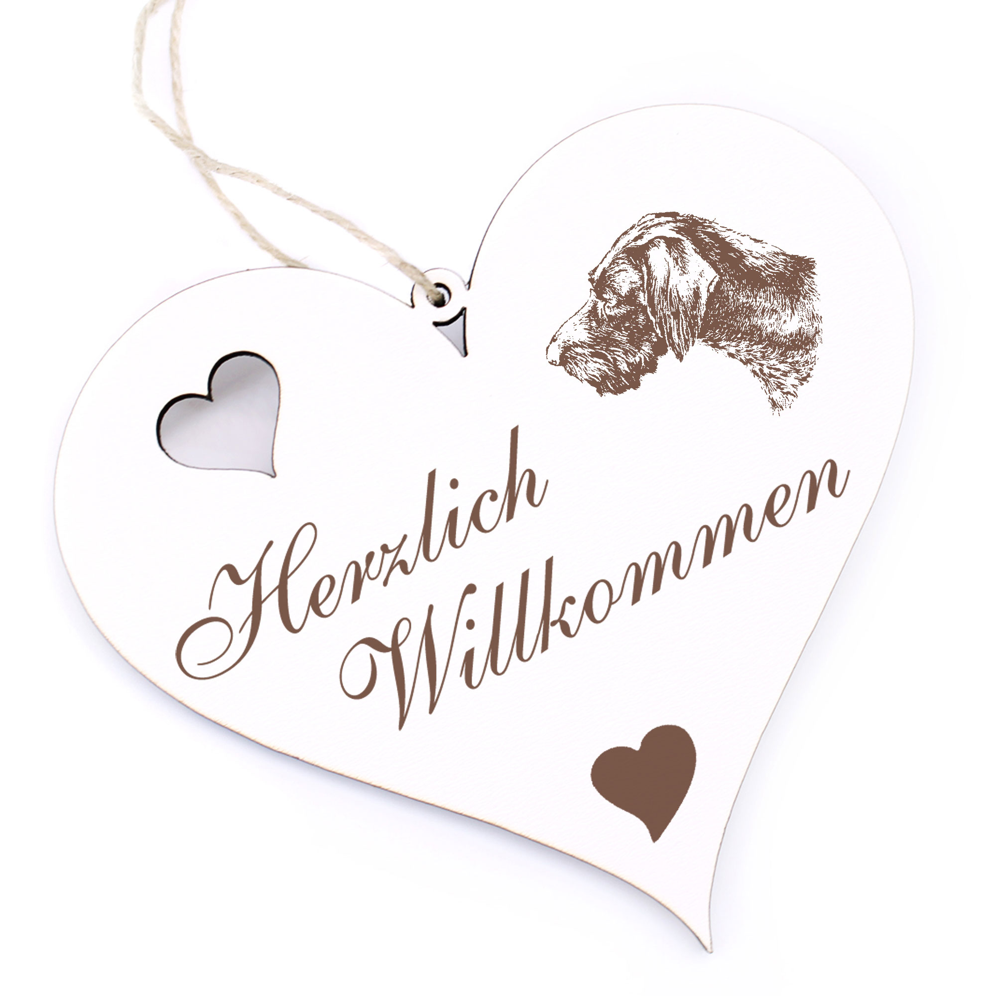 Herzlich Willkommen Schild - Deutsch Drahthaar - Deko Herz Holz