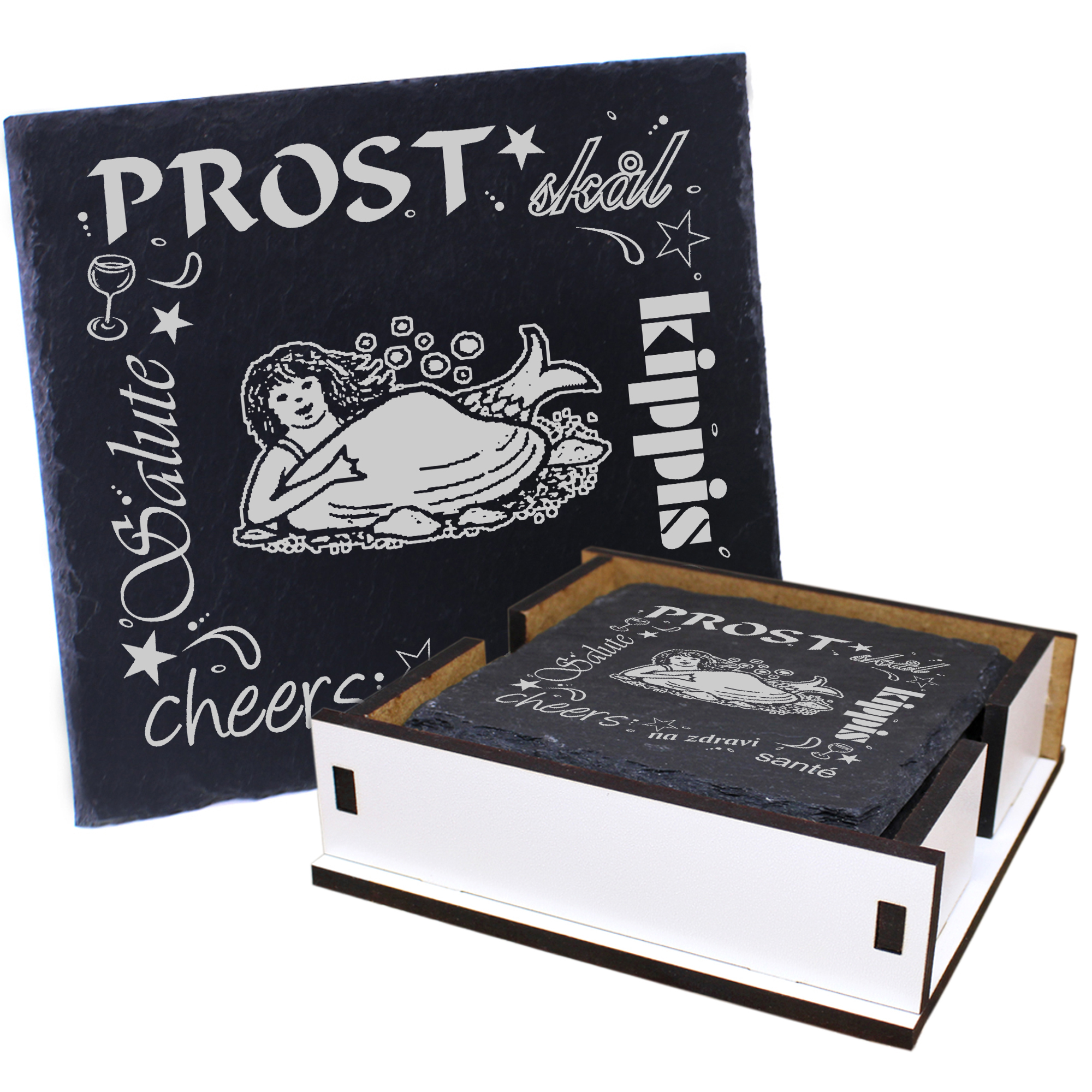 5 x Schiefer Untersetzer - Prost Meerjungfrau mit Muschel - inkl. Holzbox & Flaschenuntersetzer