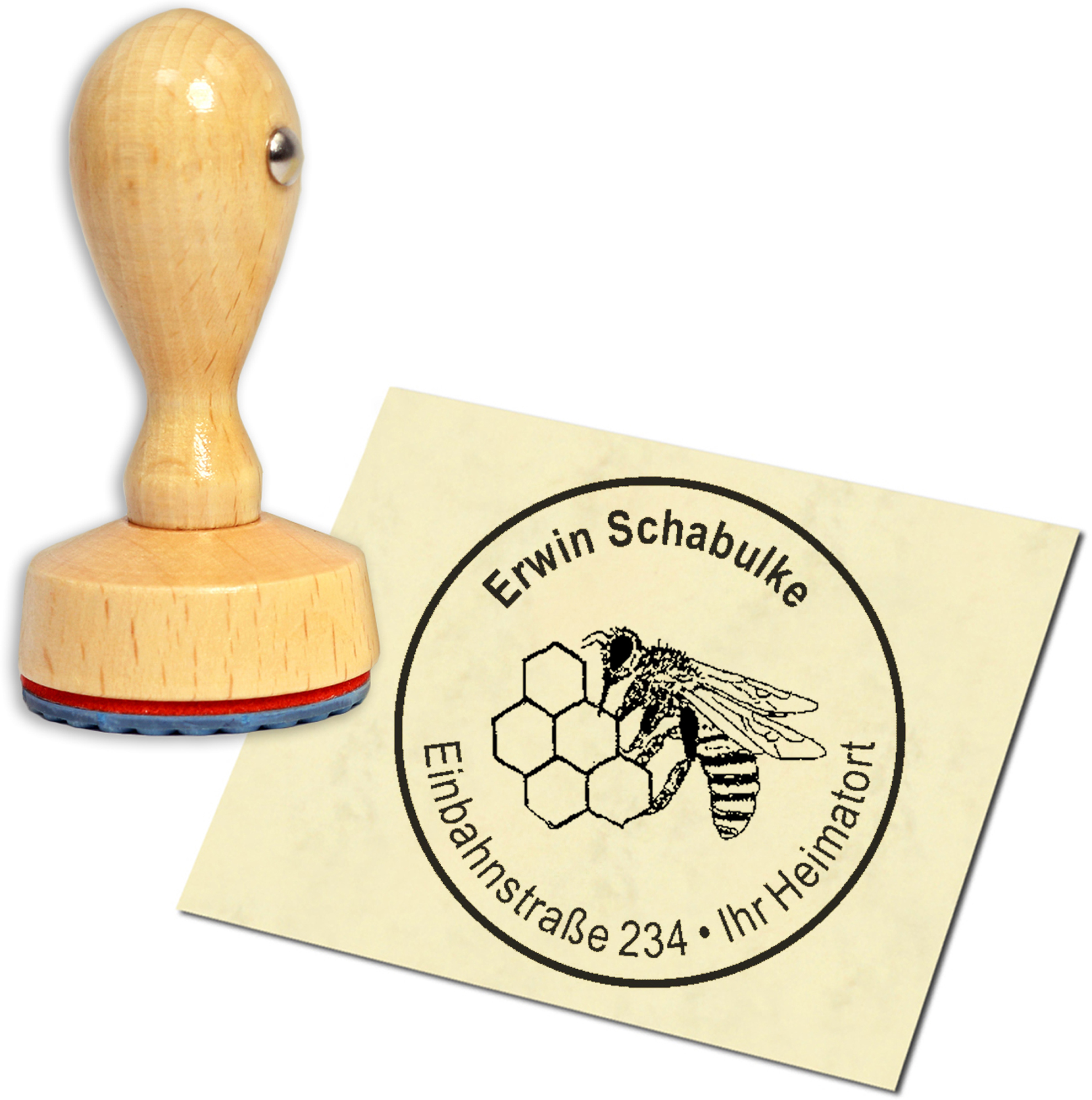 Stempel Adressstempel Holzstempel - Biene mit Wabe - rund 40mm
