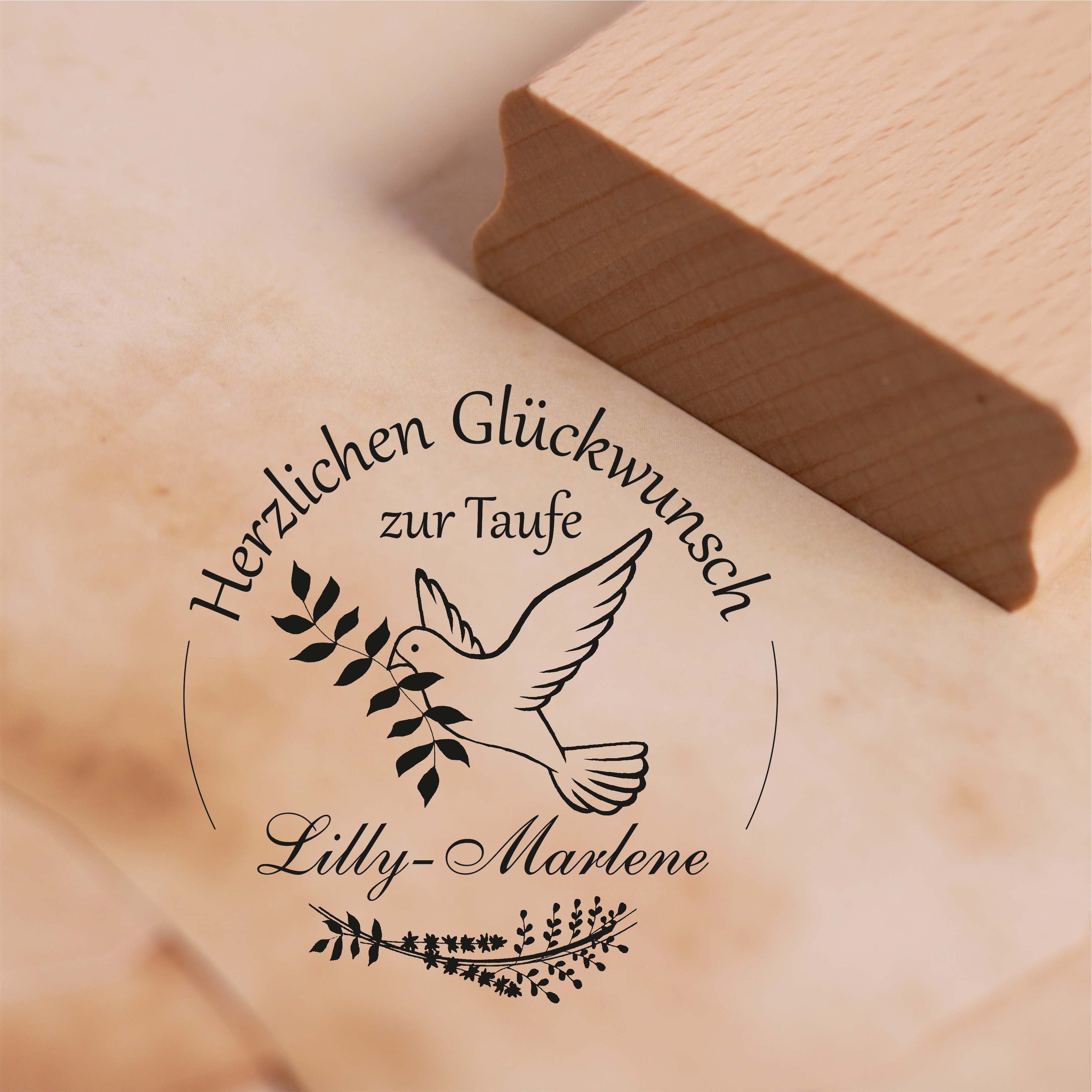 Stempel Herzlichen Glückwunsch zur Taufe mit Name - Taube Kranz Motivstempel 38 x 38
