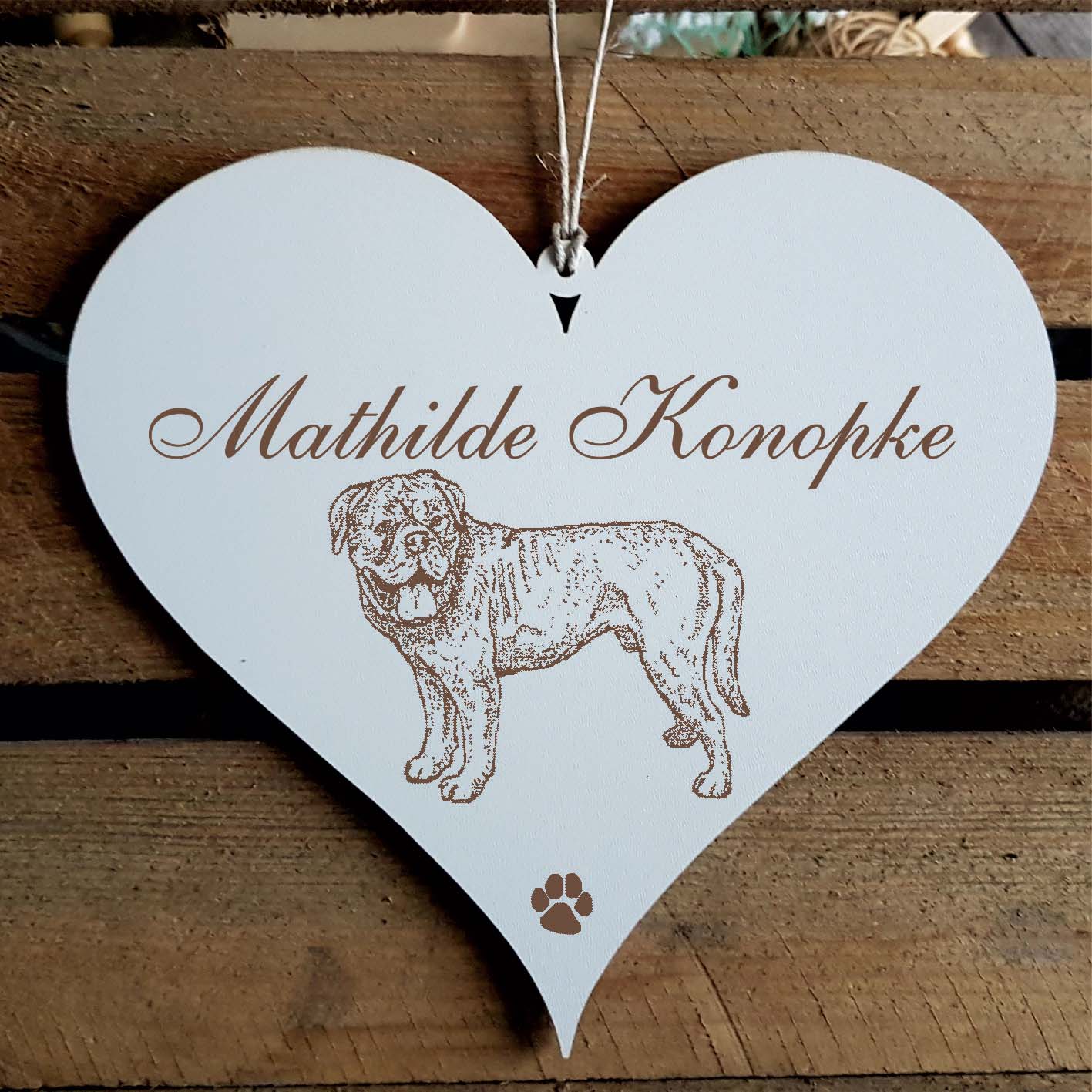 Herz Schild « Dogue de Bordeaux » mit Namen - Türschild zum Anhängen