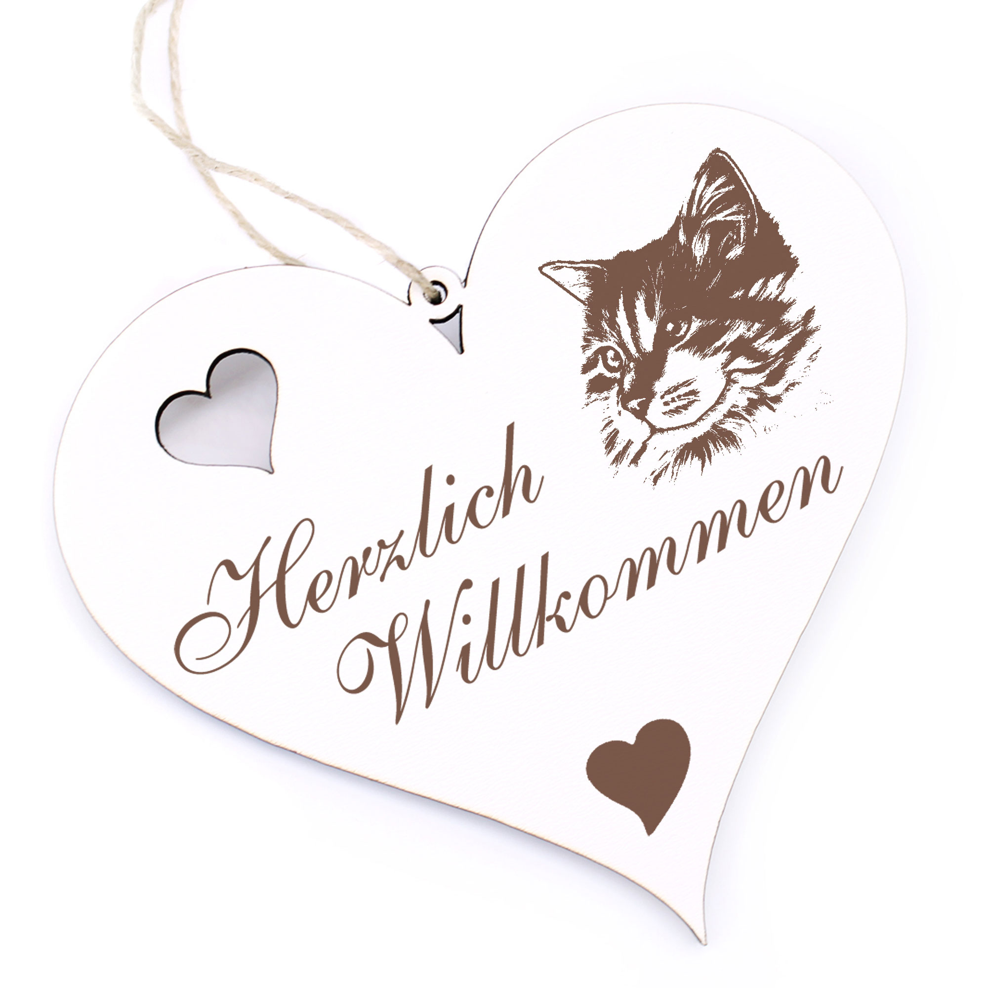 Herzlich Willkommen Schild - Maine Coon Katze Kopf - Deko Herz Holz