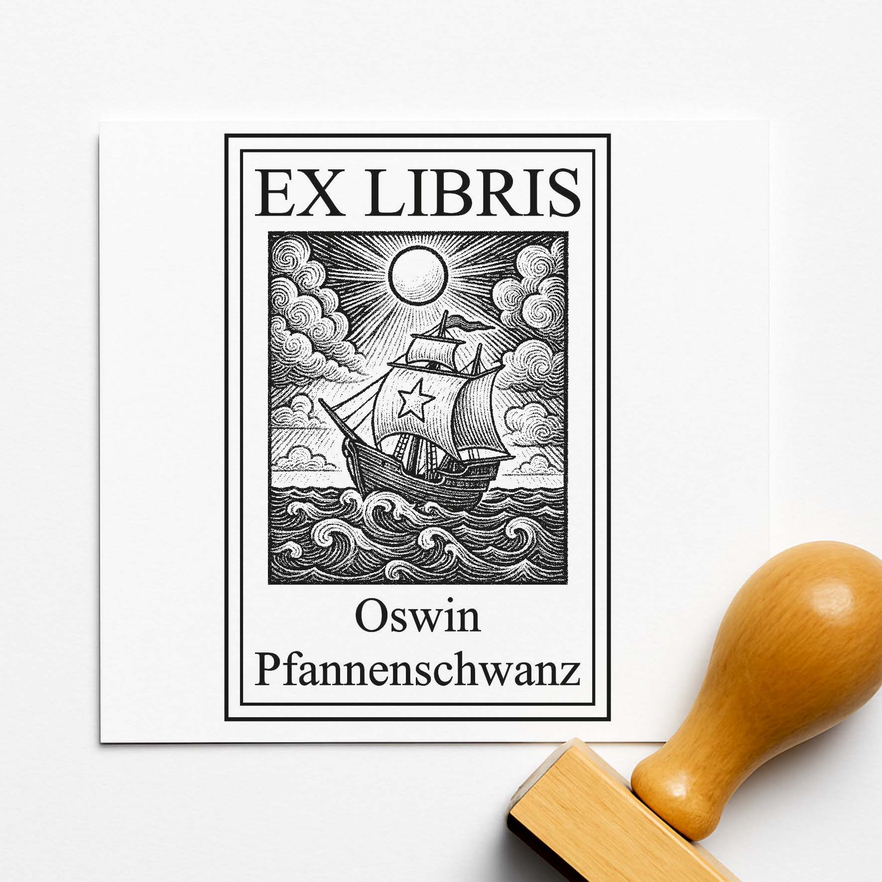 Ex Libris Stempel personalisiert mit Namen Motiv Schiff - Bücherstempel individuell - 40 x 60 mm