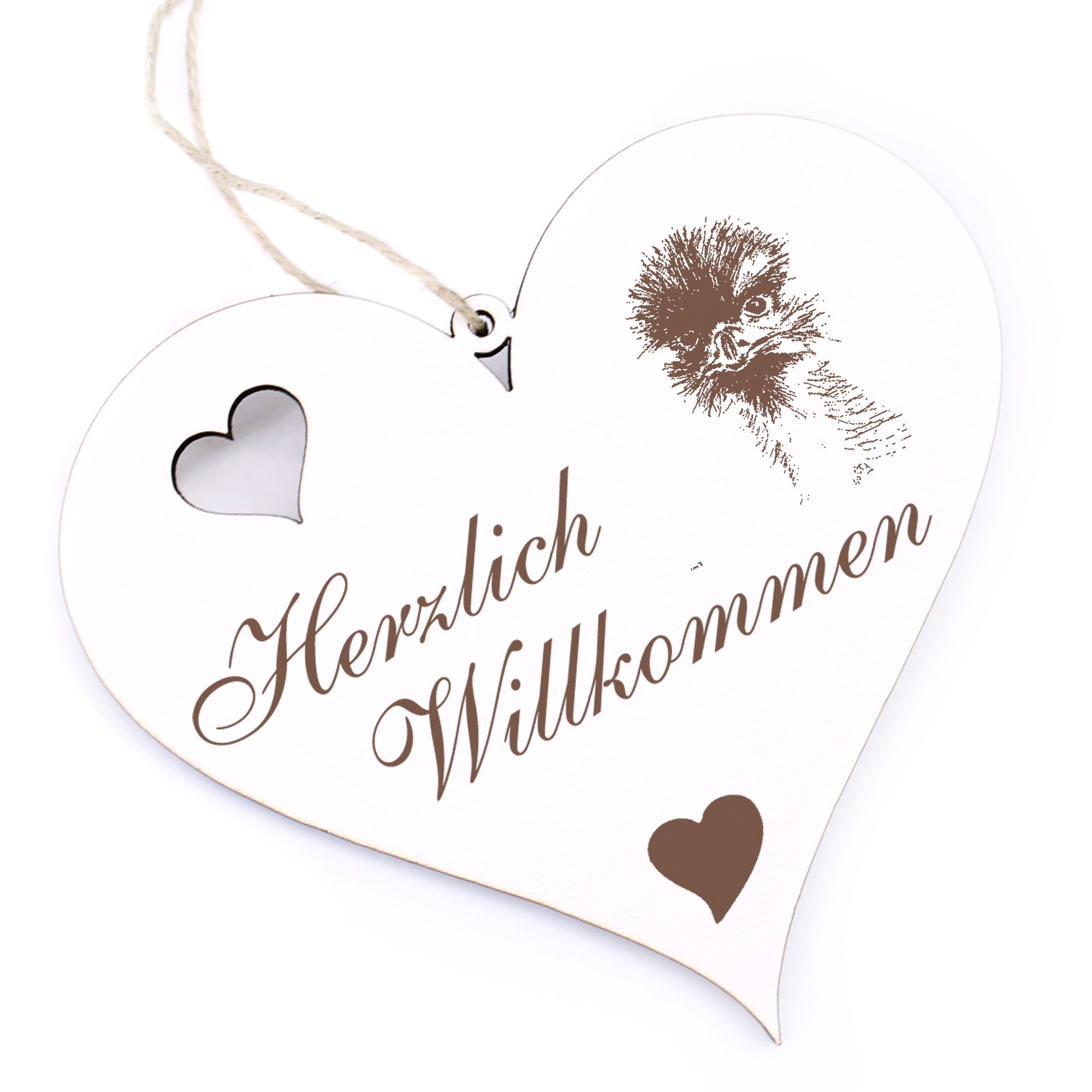 Herzlich Willkommen Schild - Großer Emu - Deko Herz Holz