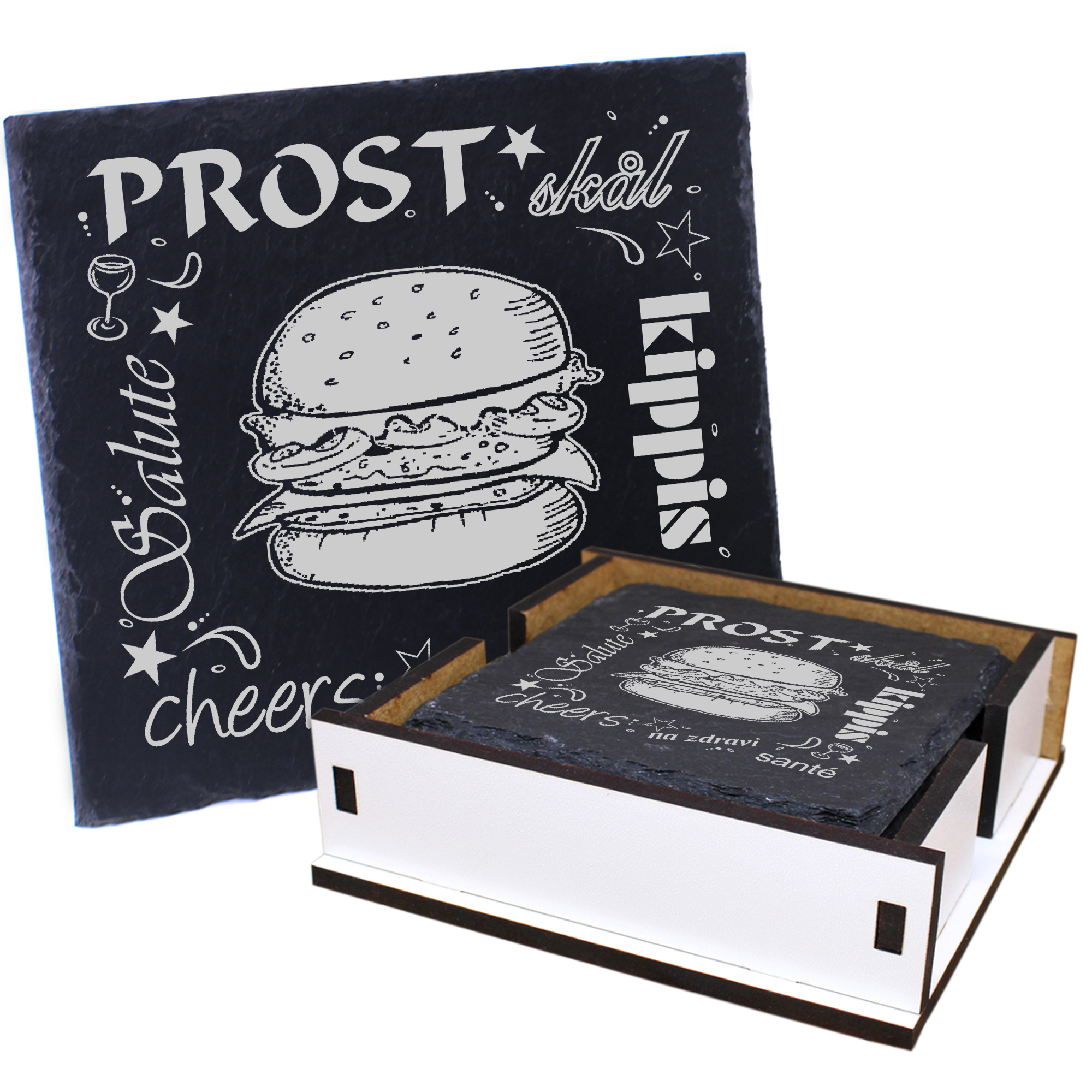5 x Schiefer Untersetzer - Prost Burger - inkl. Holzbox & Flaschenuntersetzer