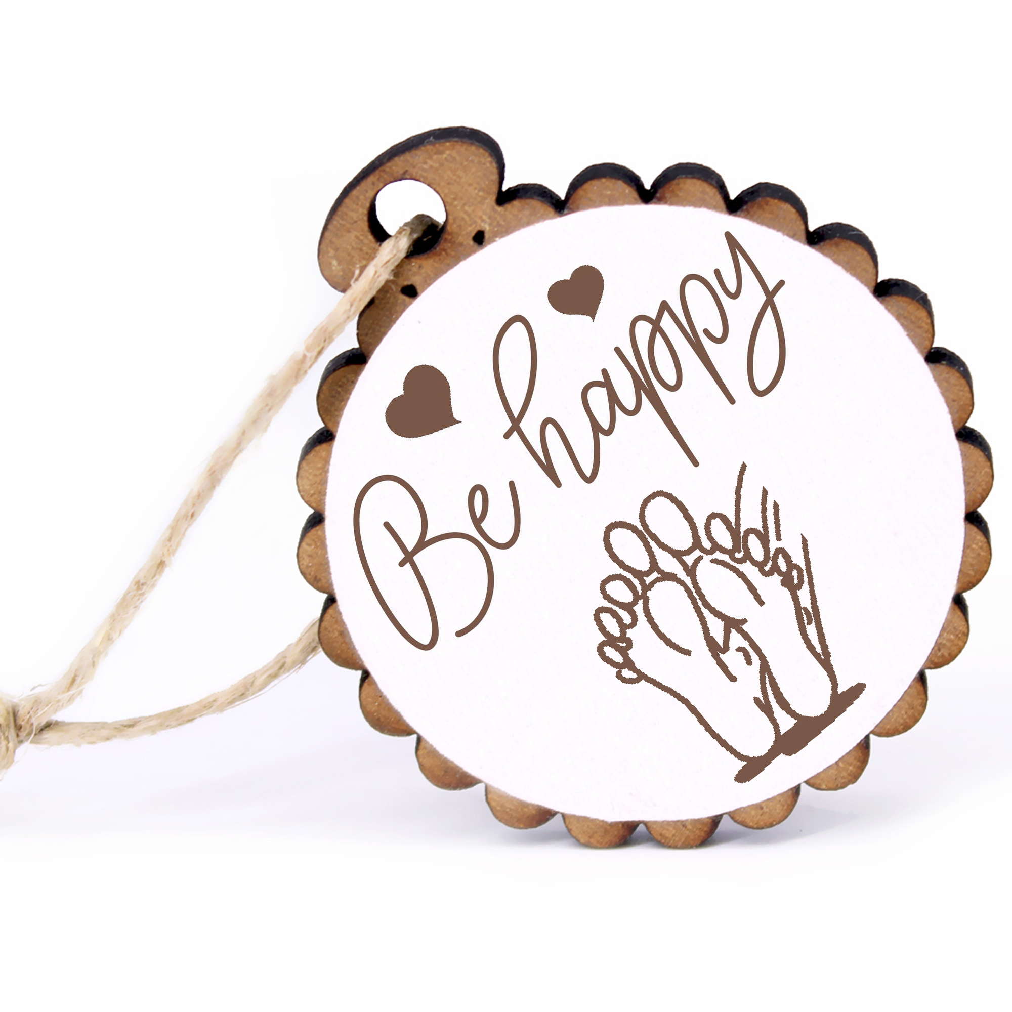 Geschenkanhänger - Be Happy Füße -  Holz Ø-5cm - mit Juteband