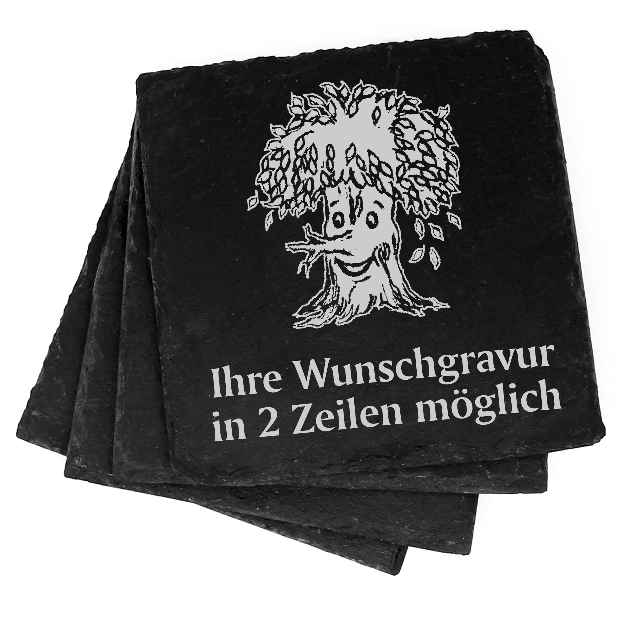 4x lustiger Baum mit Gesicht Deko Schiefer Untersetzer Wunschgravur Set - 11 x 11 cm