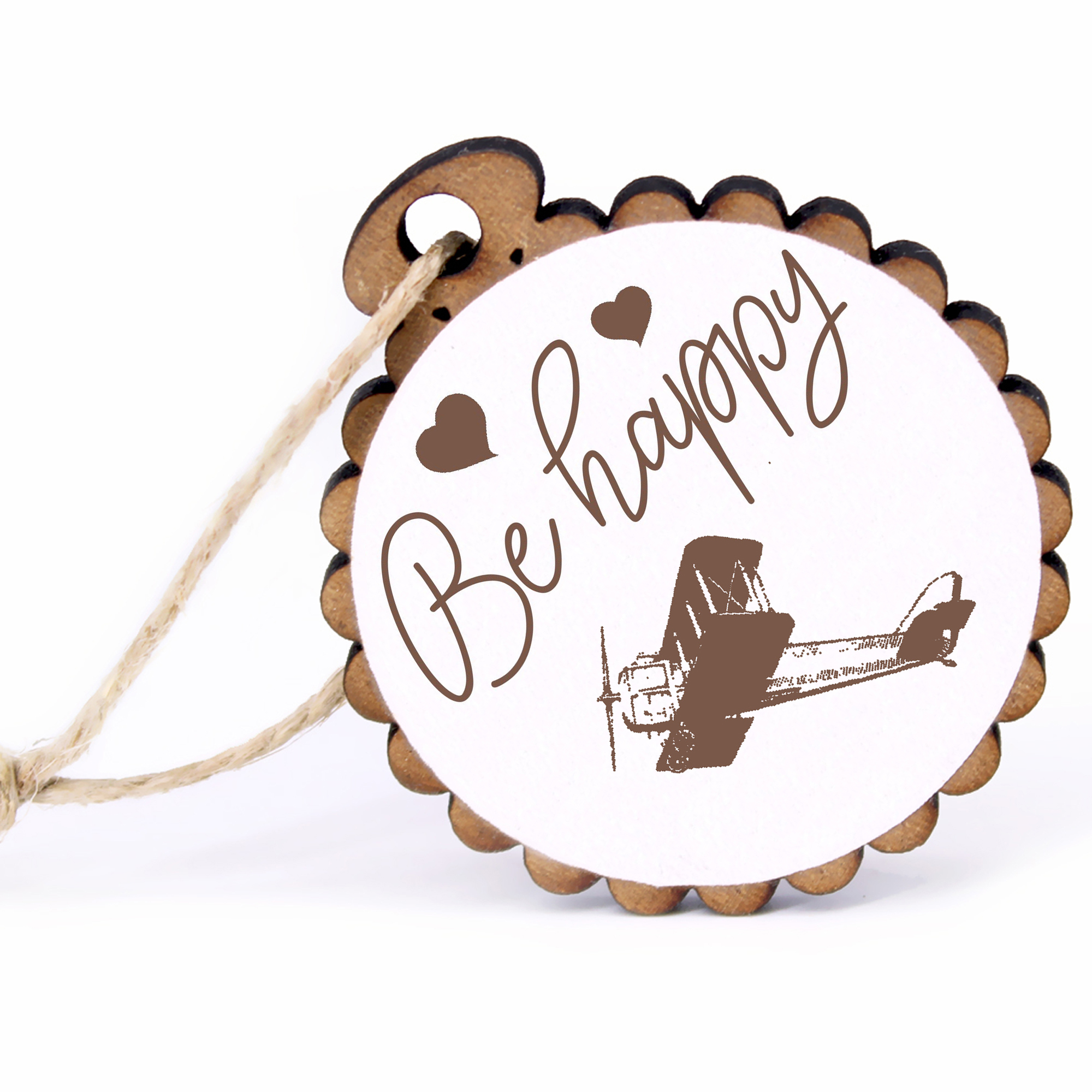 Geschenkanhänger - Be Happy Doppeldecker -  Holz Ø-5cm - mit Juteband