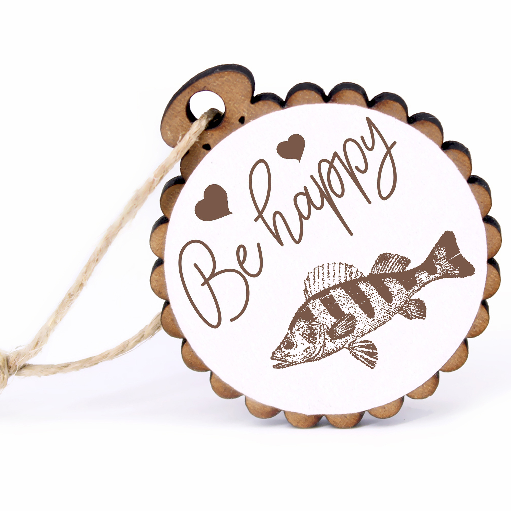 Geschenkanhänger - Be Happy Barsch -  Holz Ø-5cm - mit Juteband
