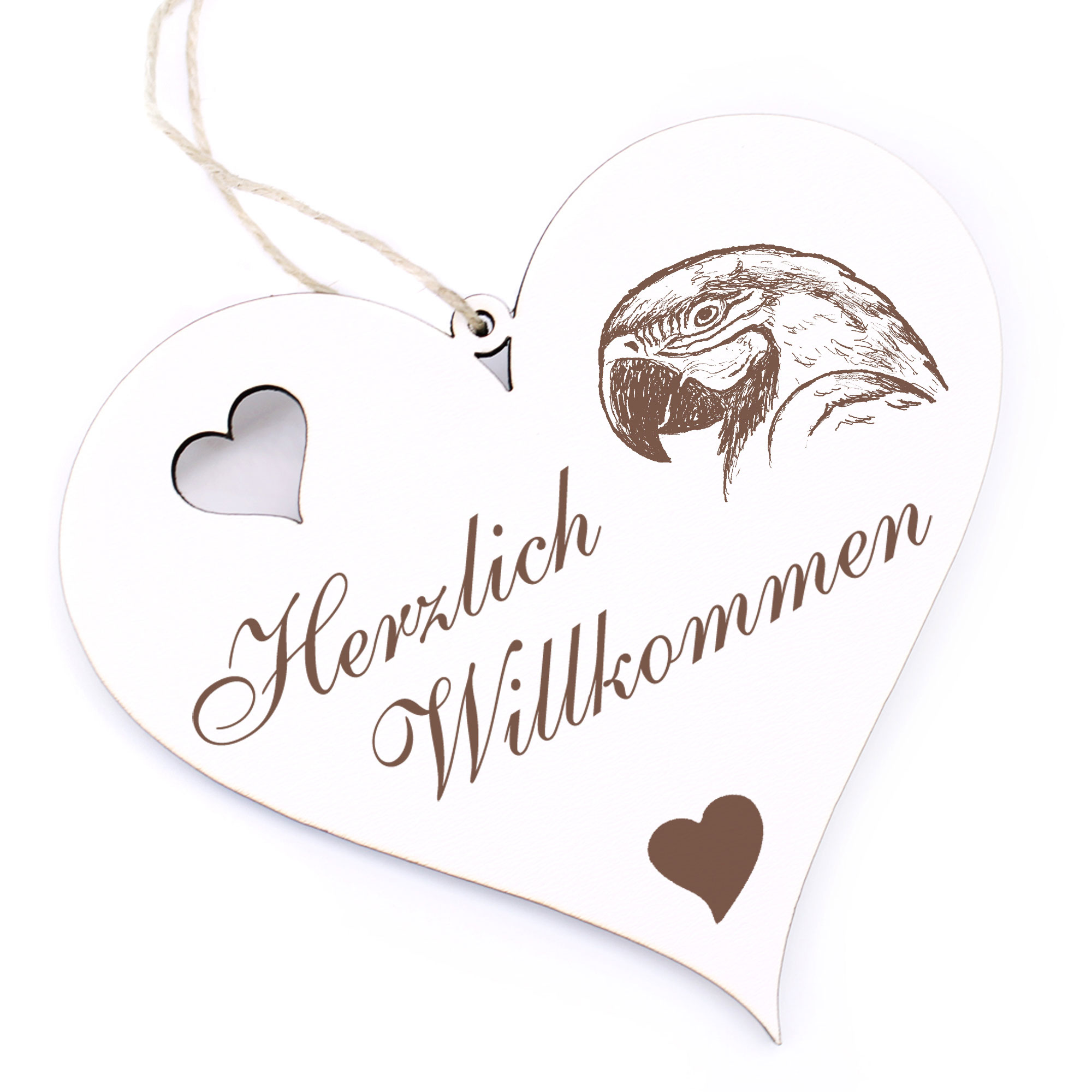 Herzlich Willkommen Schild - Papagei Ara Kopf - Deko Herz Holz