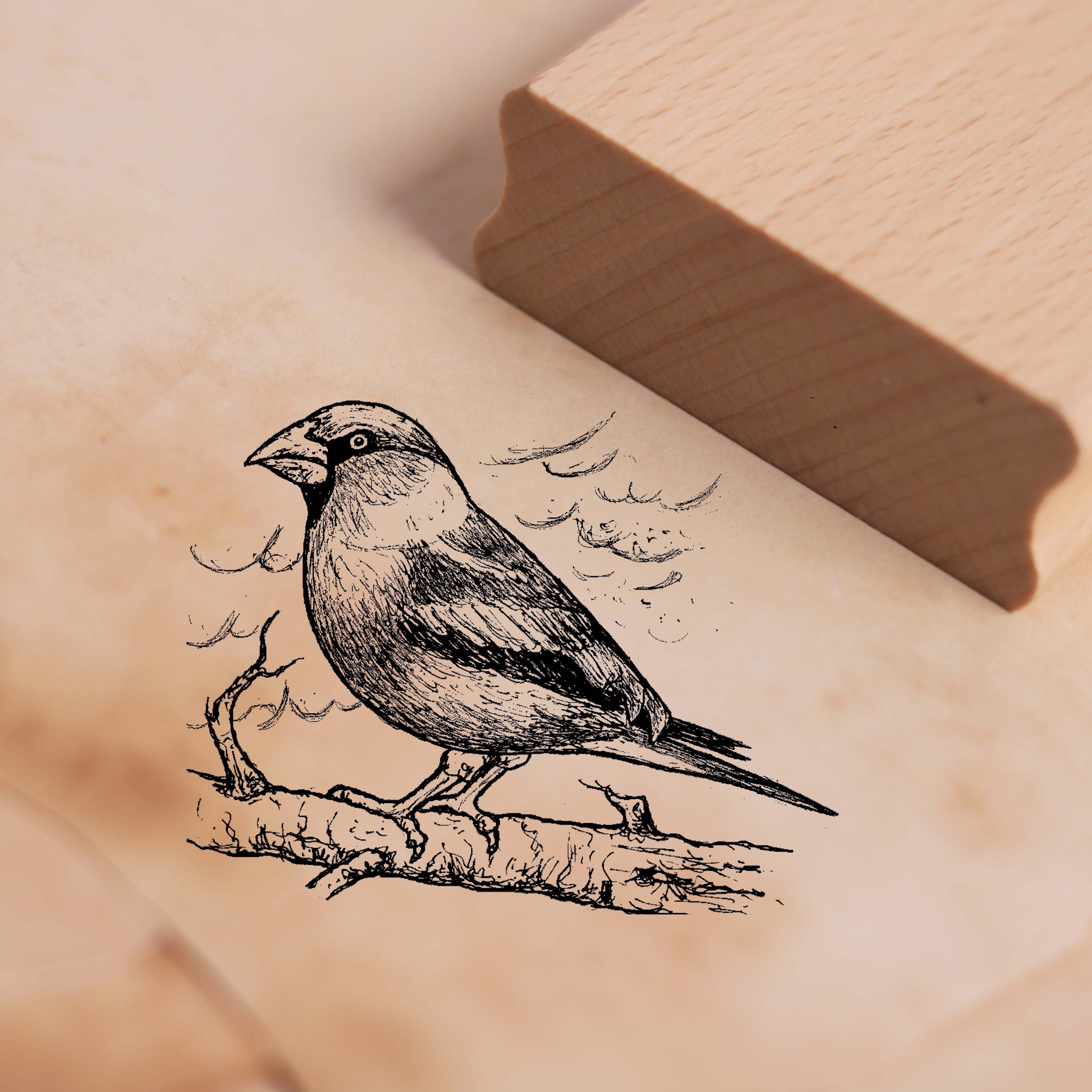 Motivstempel Kernbeißer auf Ast - Stempel Holzstempel 48 x 38 mm