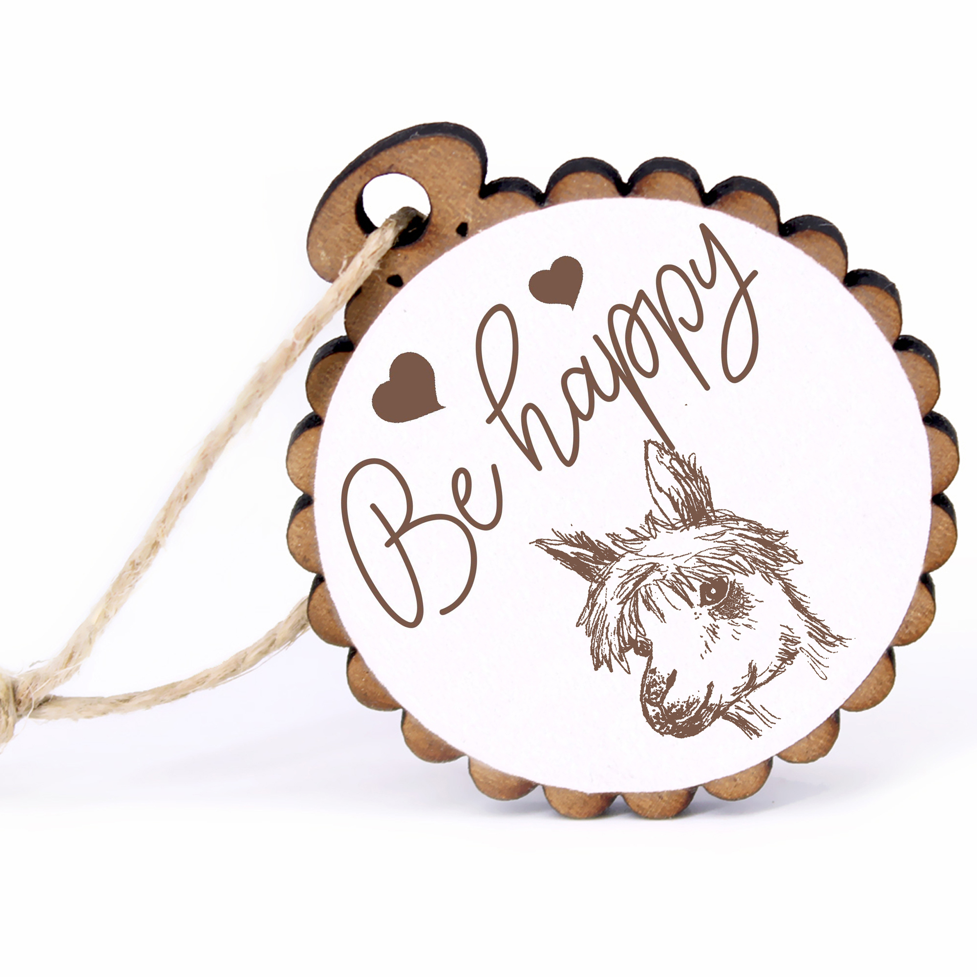 Geschenkanhänger - Be Happy Alpakakopf -  Holz Ø-5cm - mit Juteband