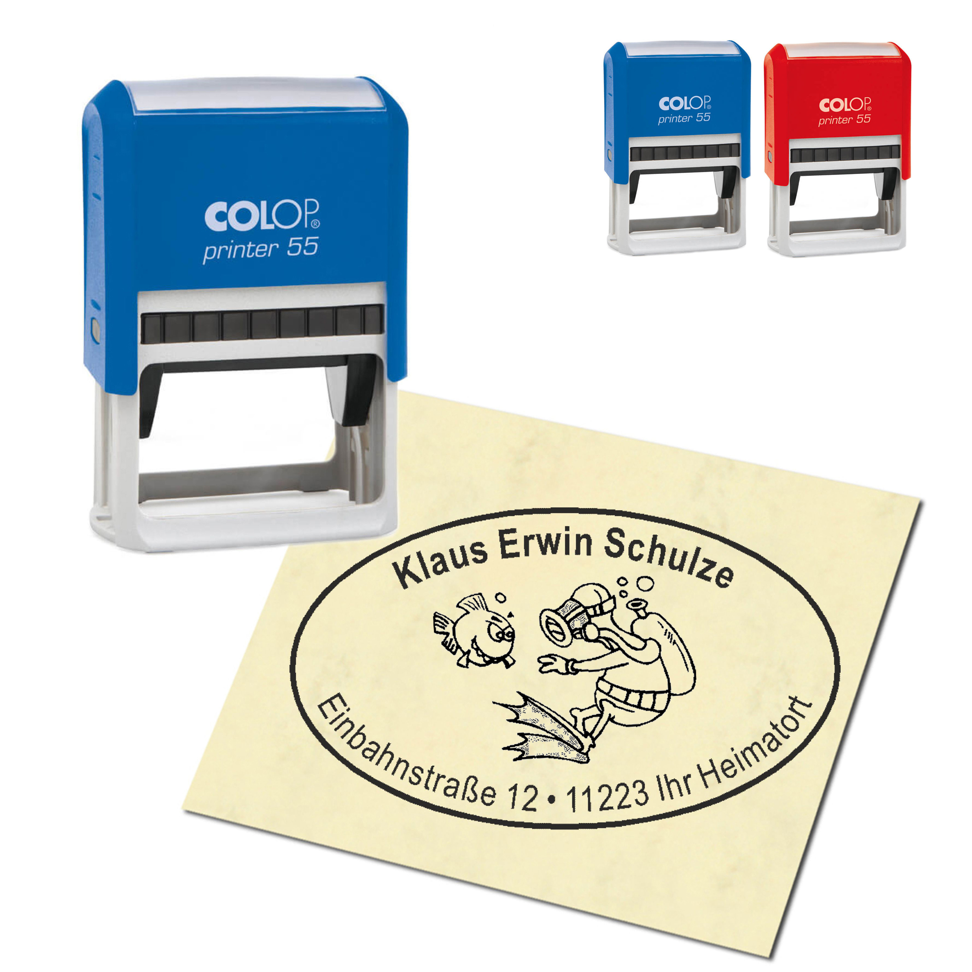 Adressstempel personalisiert Stempel - Taucher mit Fisch - oval 59 x 39 mm