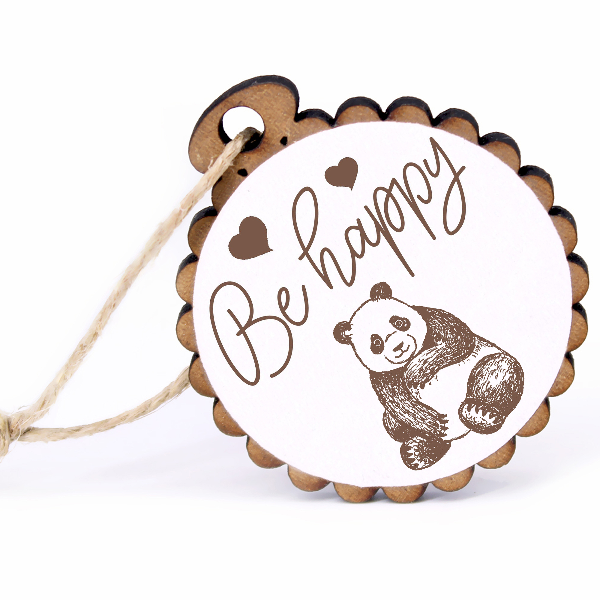 Geschenkanhänger - Be Happy Panda Bär -  Holz Ø-5cm - mit Juteband