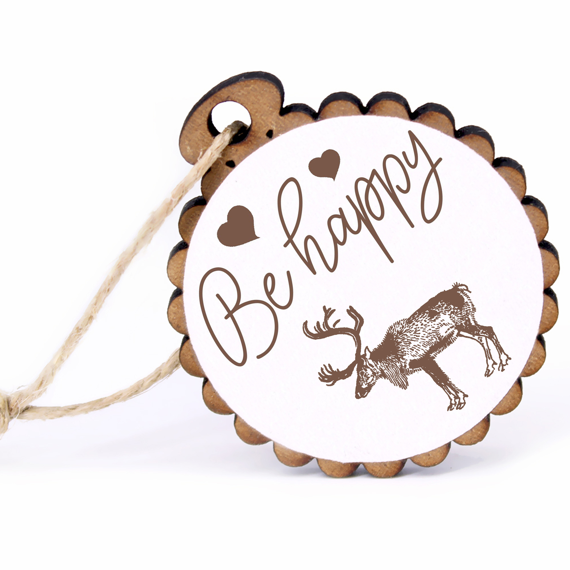 Geschenkanhänger - Be Happy Rentier -  Holz Ø-5cm - mit Juteband