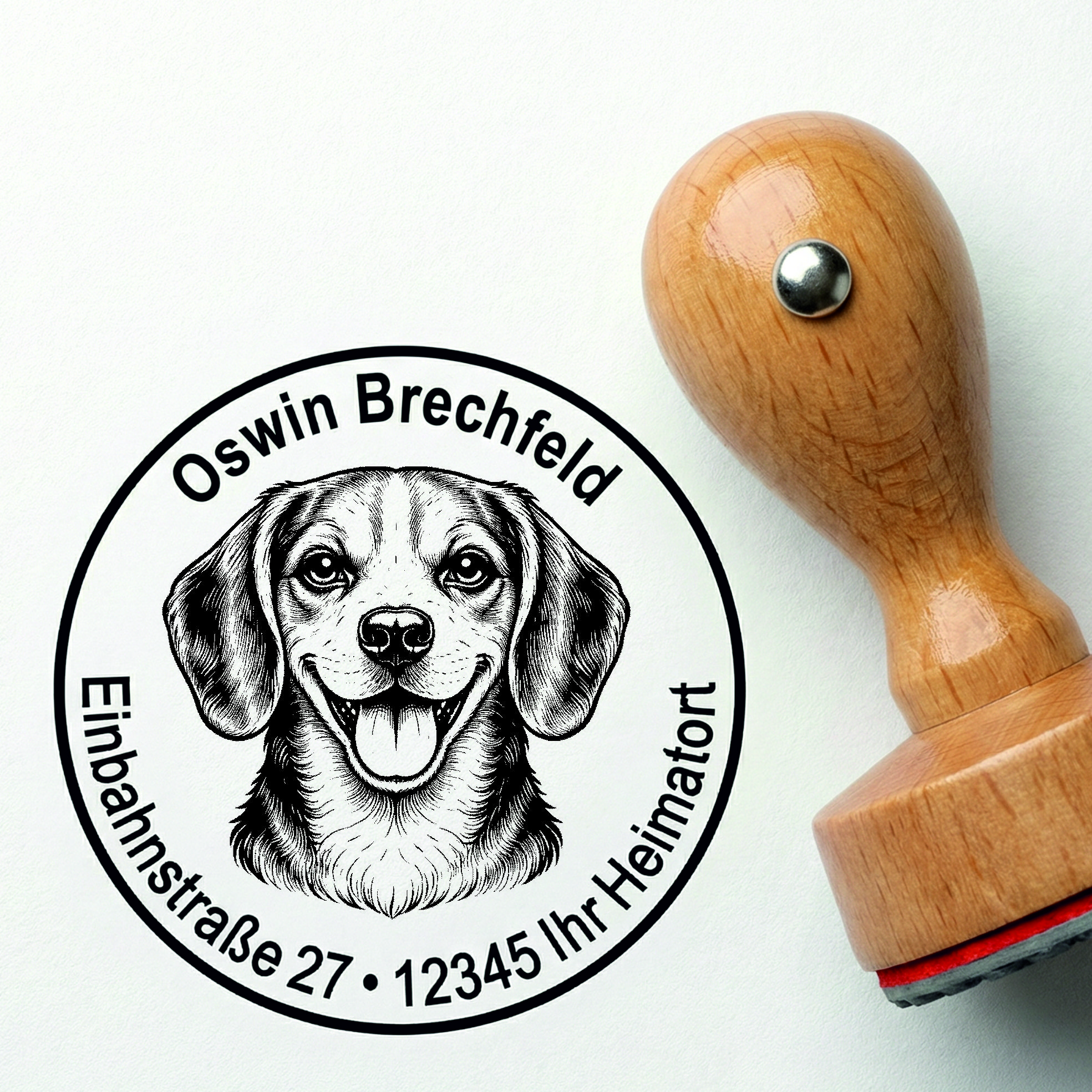 Stempel Beagle personalisiert – Hund Holzstempel mit Name & Adresse