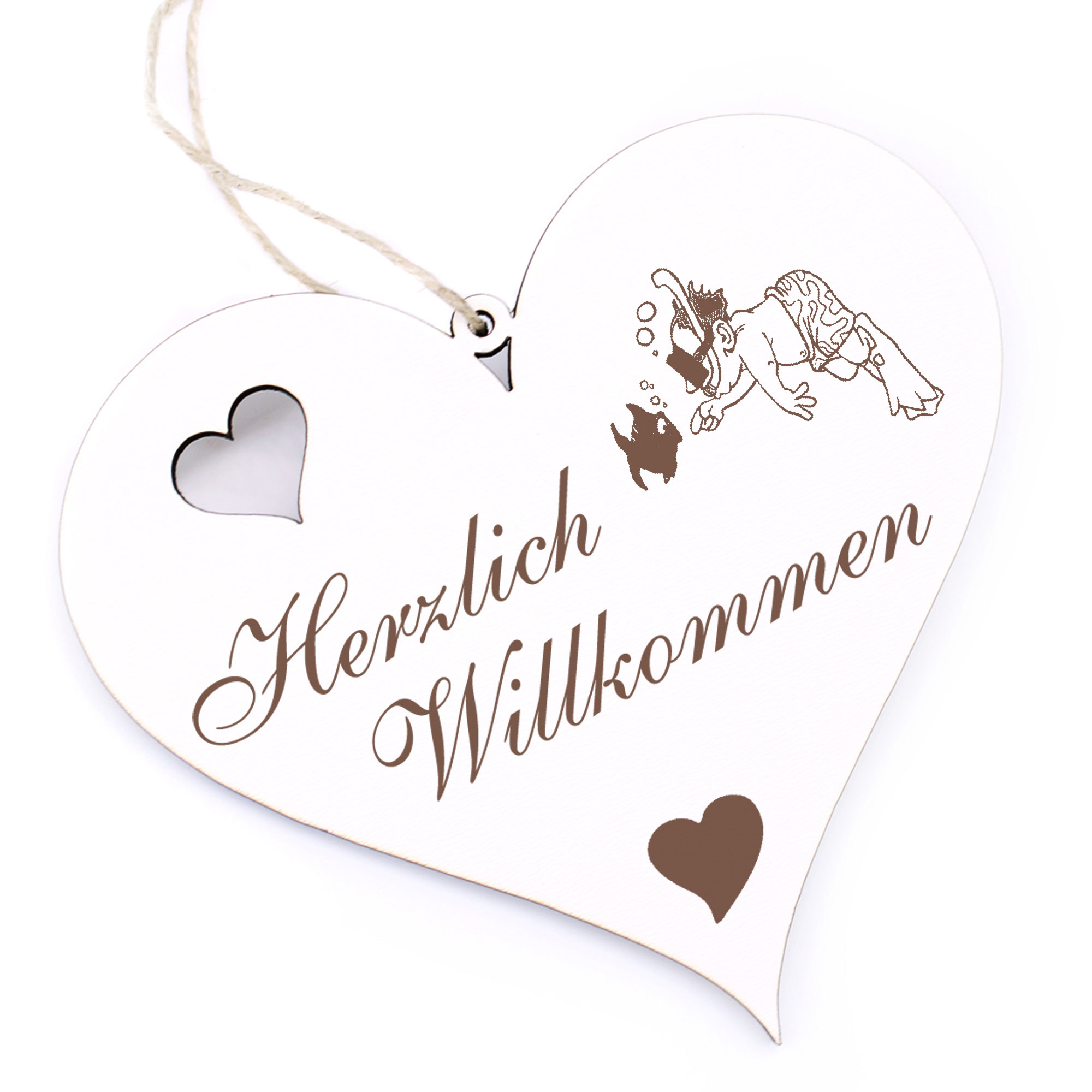 Herzlich Willkommen Schild - Schnorcheln mit Fisch - Deko Herz Holz