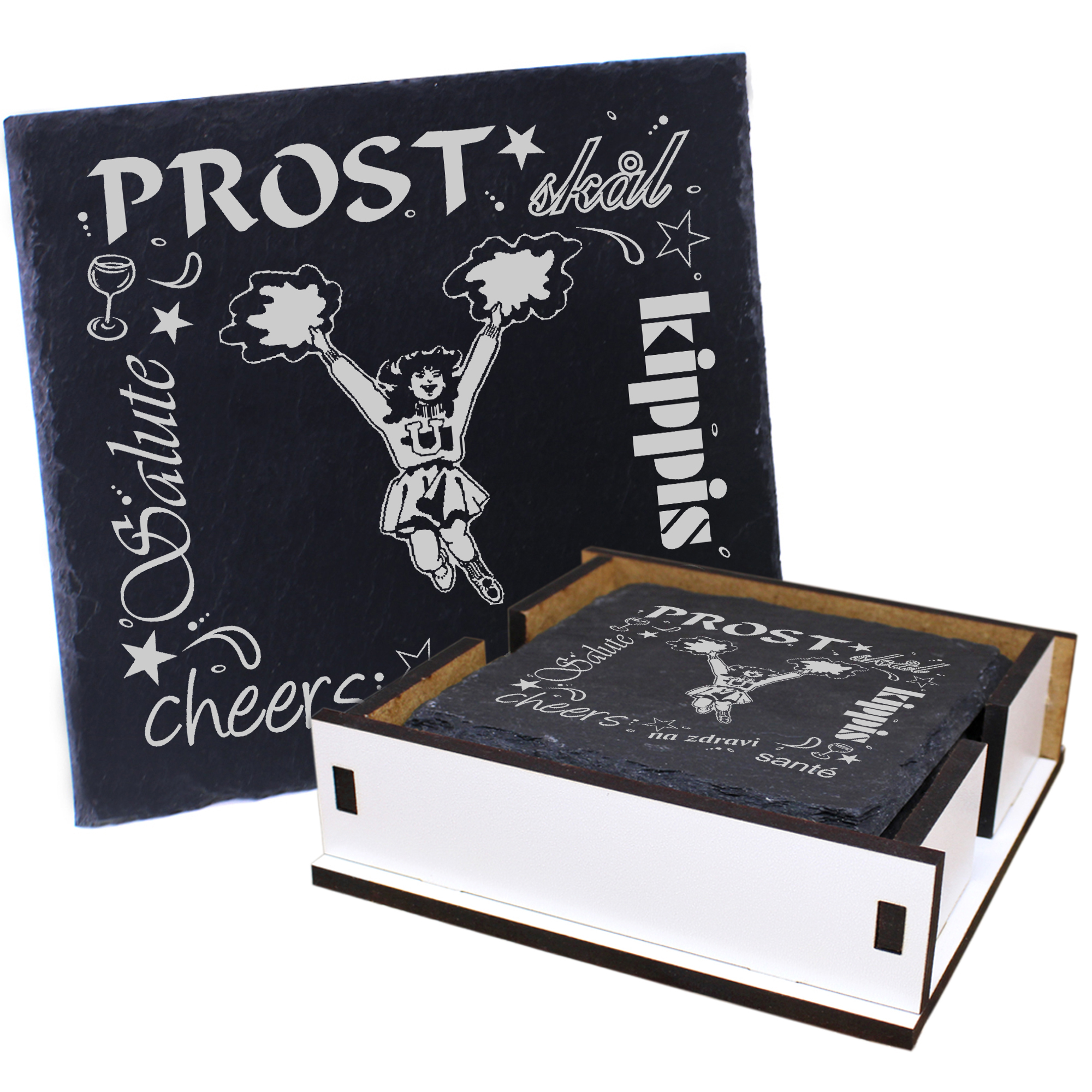 5 x Schiefer Untersetzer - Prost Cheerleader - inkl. Holzbox & Flaschenuntersetzer