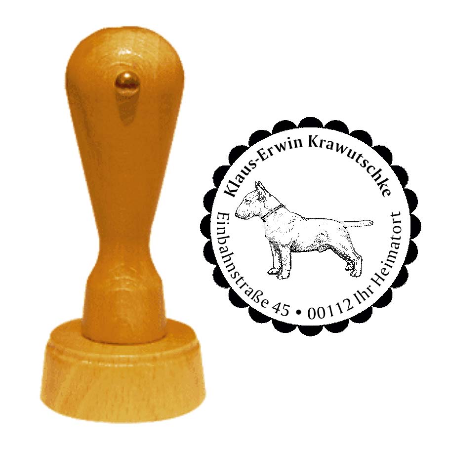 Adressstempel Bullterrier -  Holzstempel personalisiert mit Adresse - Ø 40 mm
