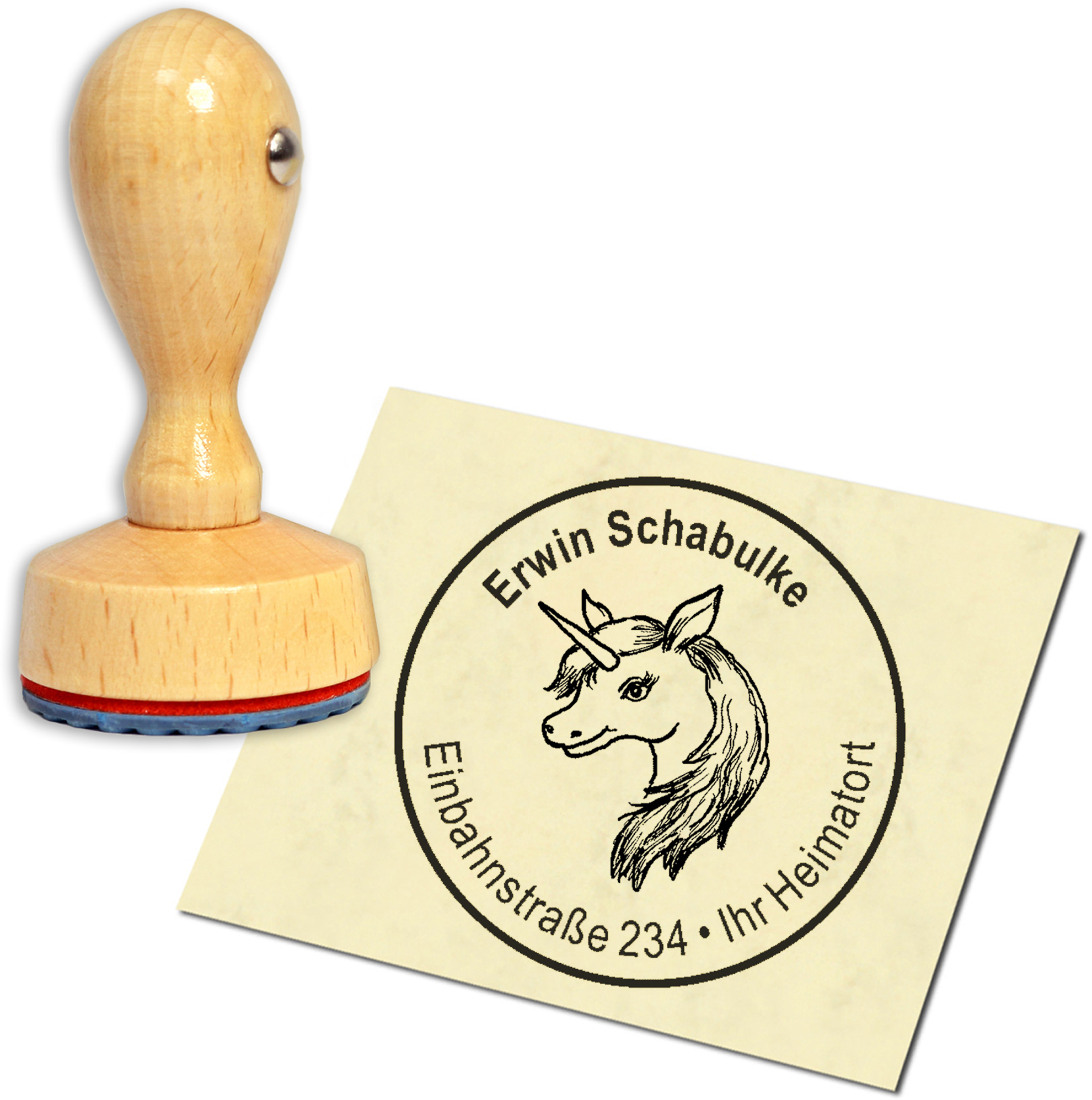 Stempel Adressstempel Holzstempel - Einhornkopf - rund 40mm