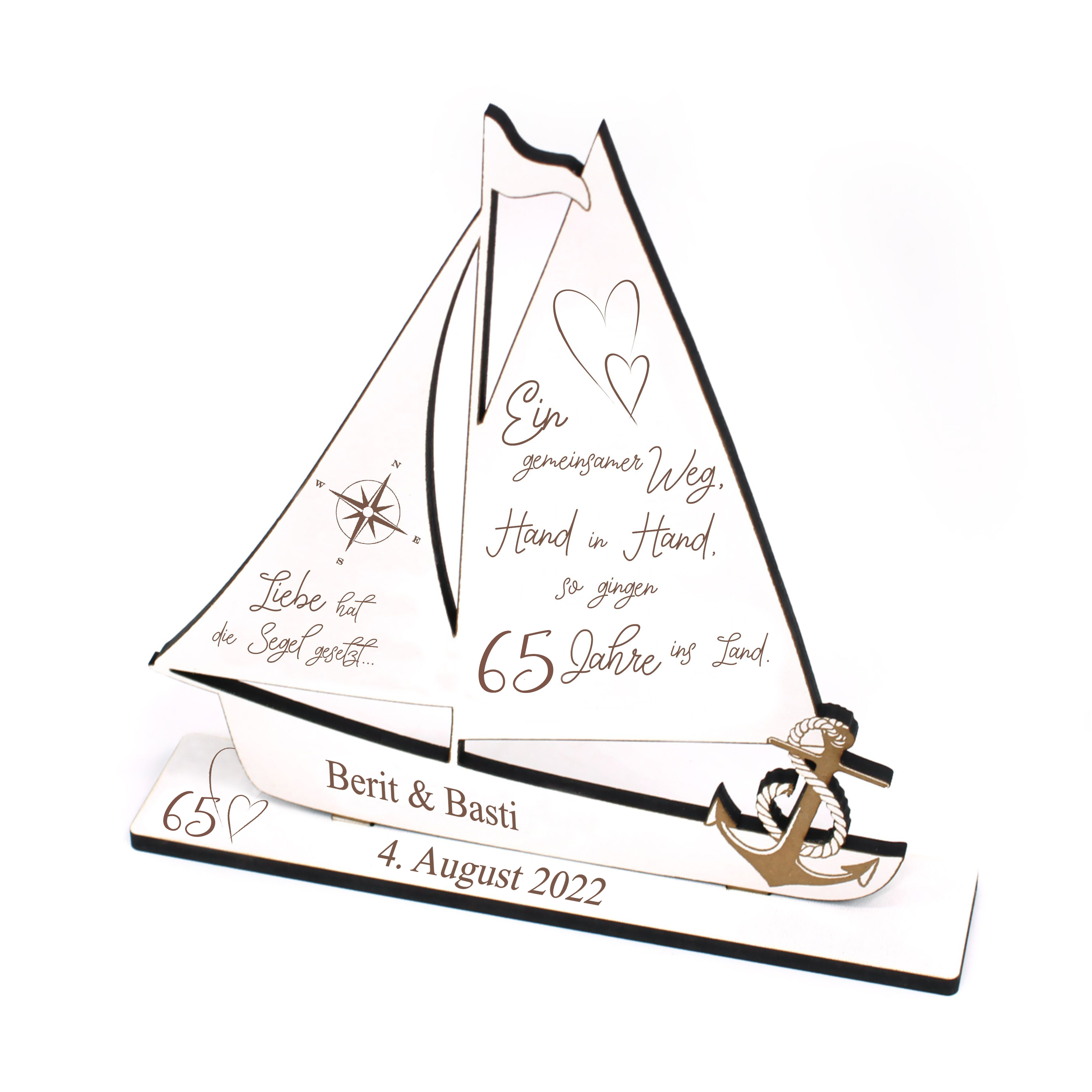 Eiserne Hochzeit Deko Hochzeitstag 65 Jahre Jubiläum personalisiert Holz Aufsteller Schiff 18x20