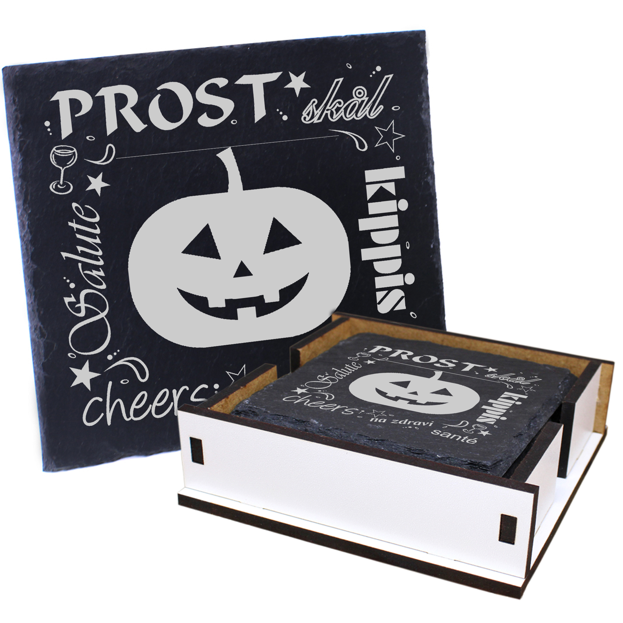 5 x Schiefer Untersetzer - Prost Halloween Kürbiskopf - inkl. Holzbox & Flaschenuntersetzer