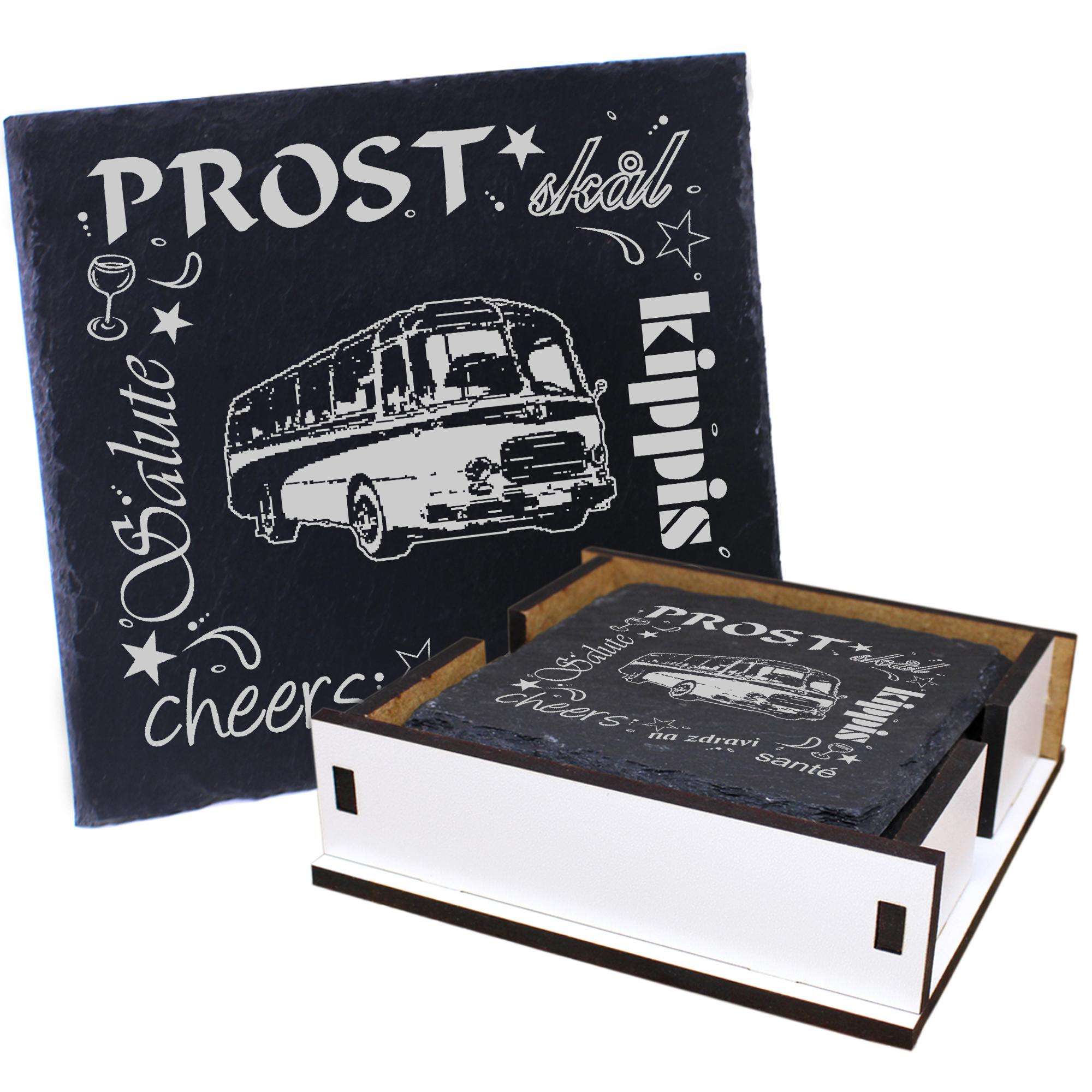 5 x Schiefer Untersetzer - Prost alter Bus - inkl. Holzbox & Flaschenuntersetzer