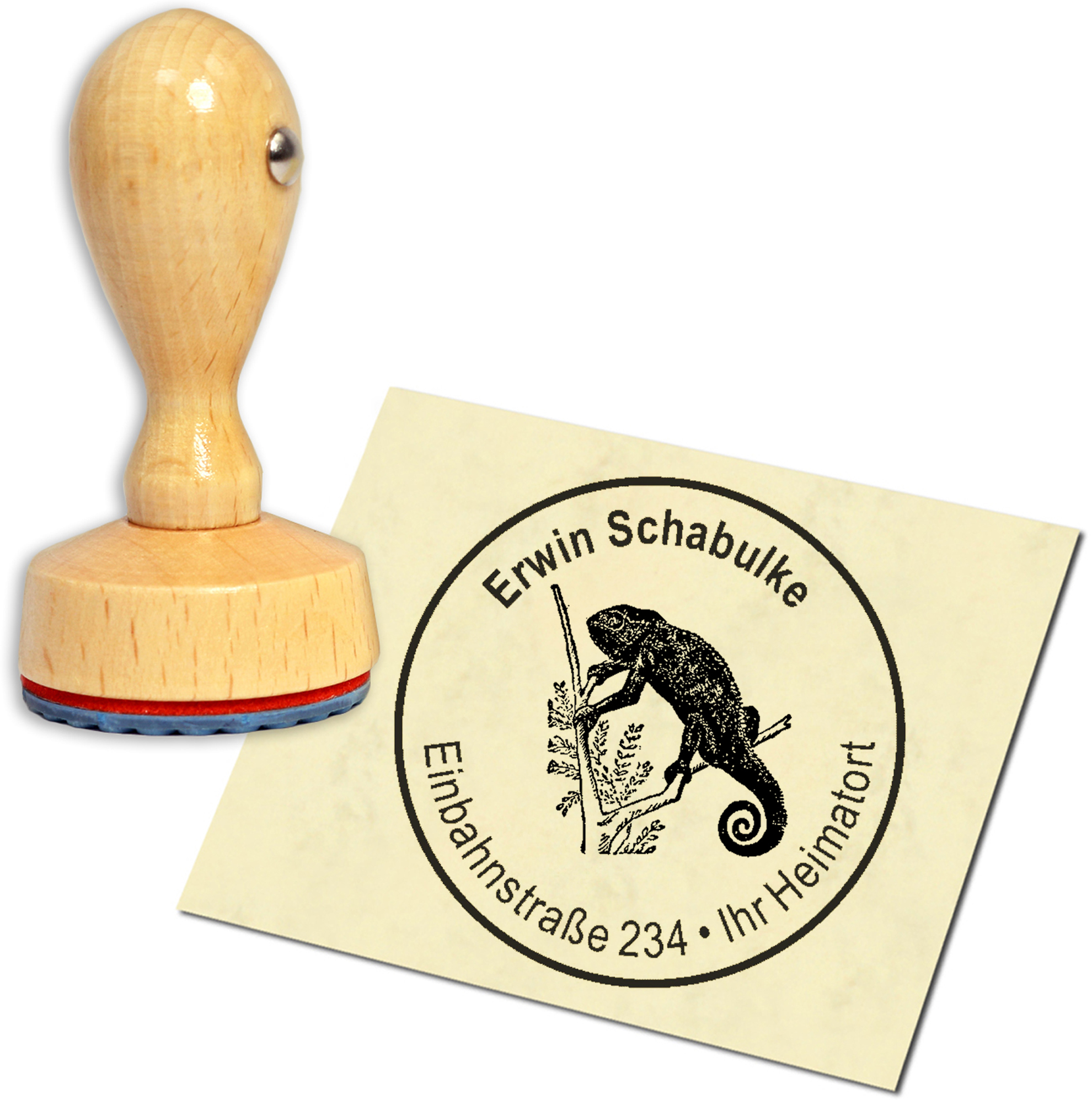 Stempel Adressstempel Holzstempel - Chamäleon - rund 40mm