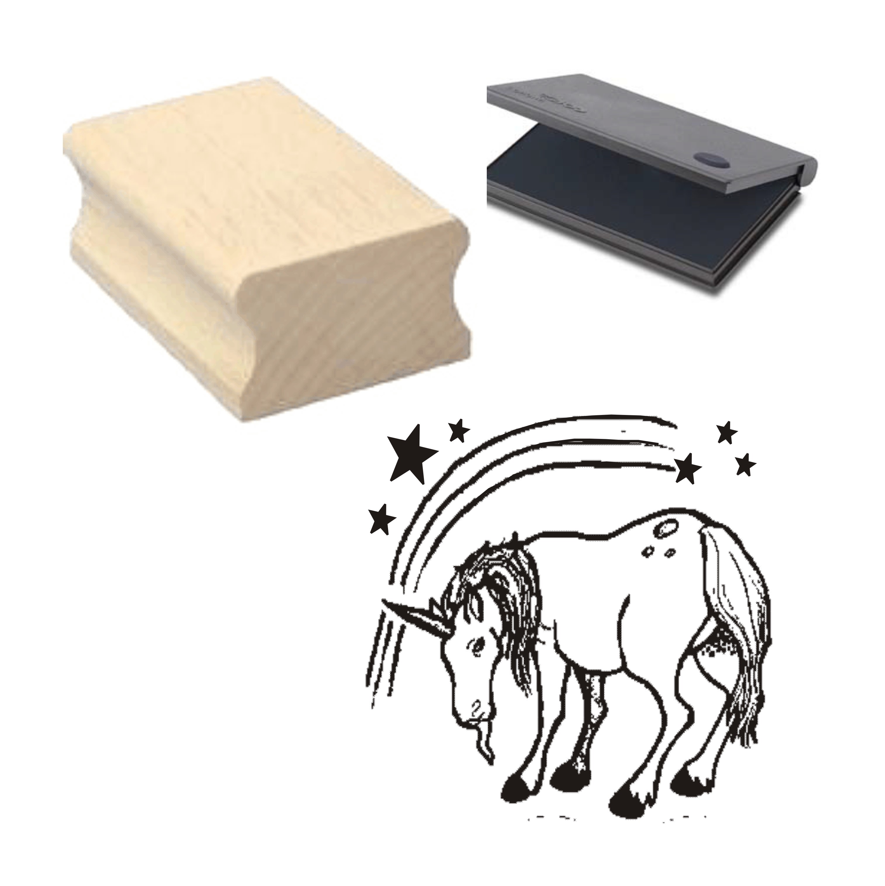 Stempel « EINHORN, REGENBOGEN und STERNE » Motivstempel mit Kissen