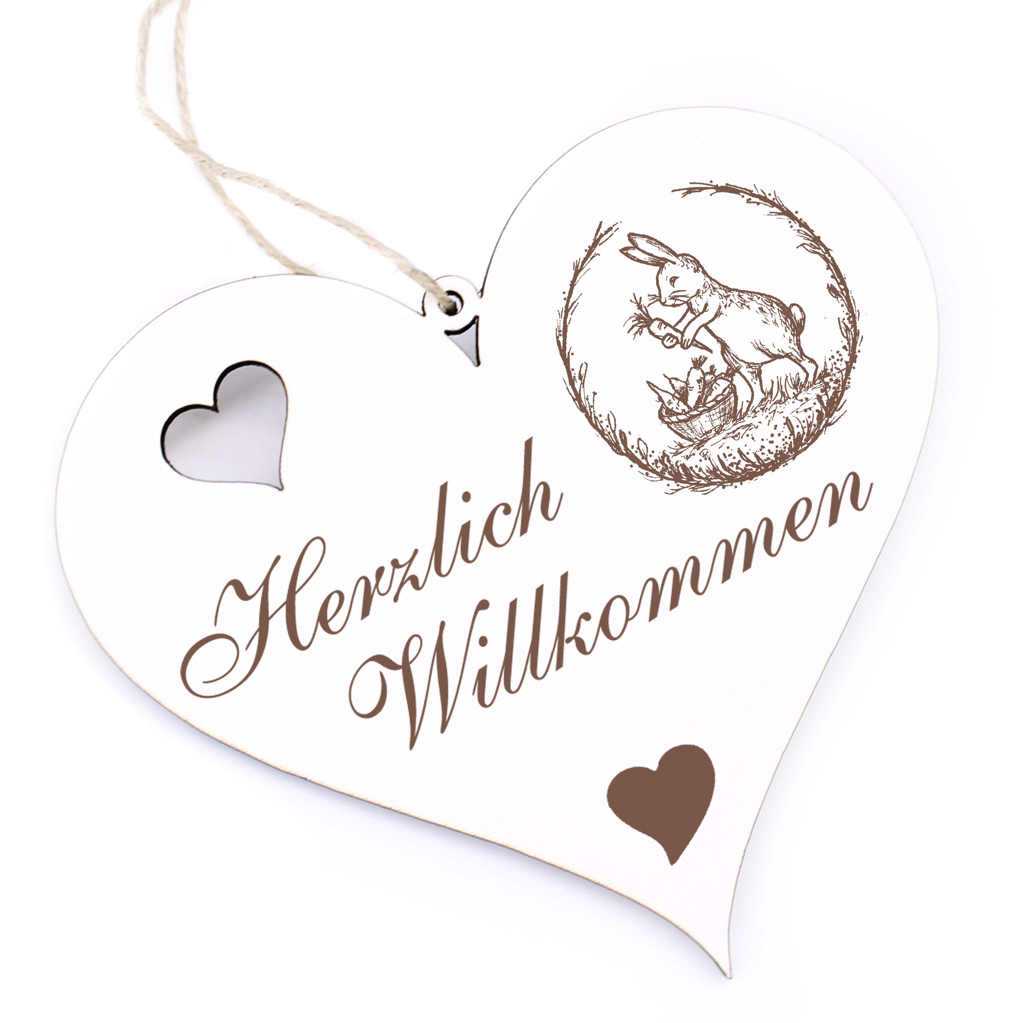 Herzlich Willkommen Schild - Hase mit Mohrrübernkorb - Deko Herz Holz