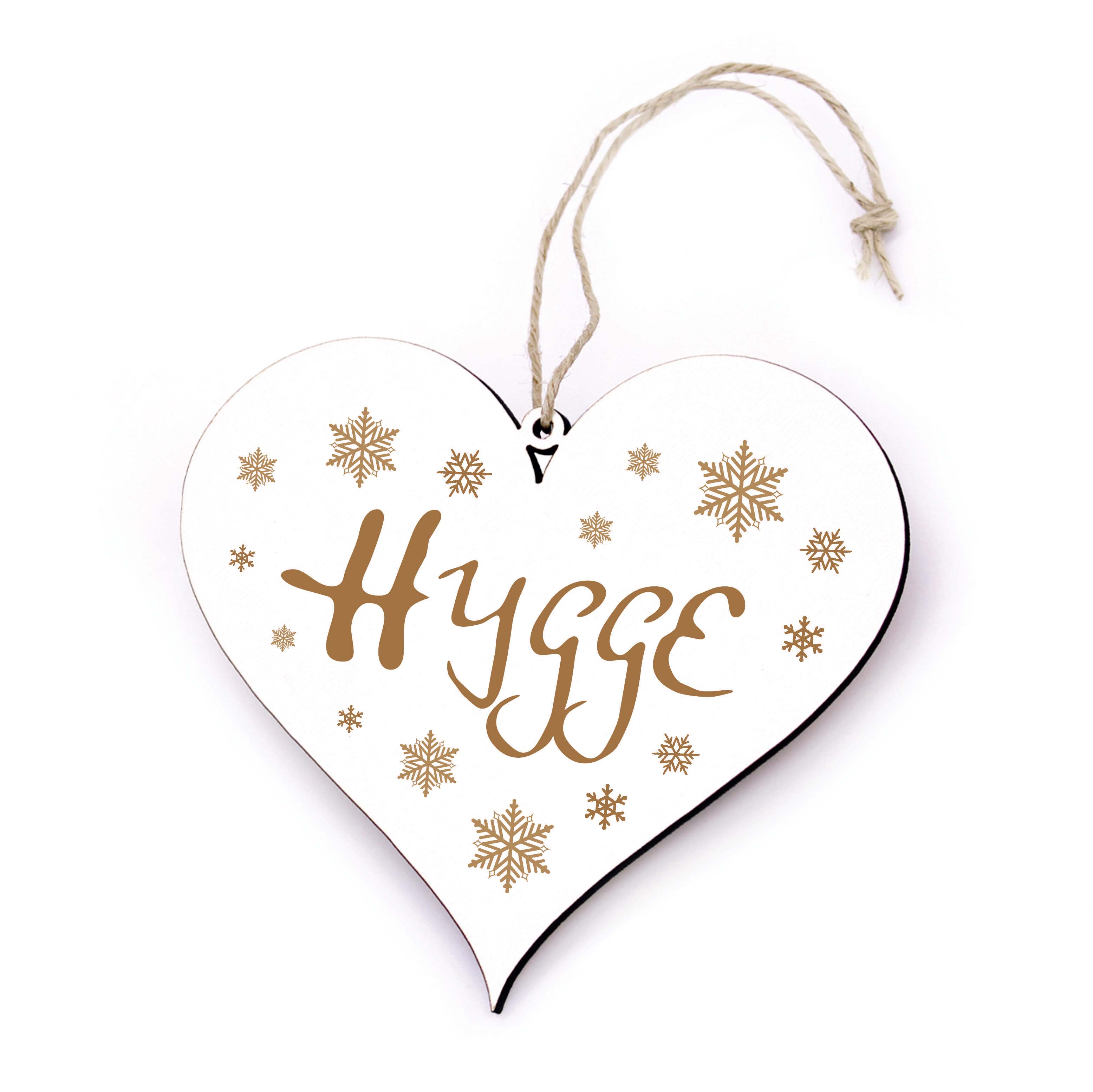 Hygge Schild Herz Holz Weihnachtsdeko Winterdeko - Schneeflocken Türschild Gemütlichkeit 13 x 12 cm