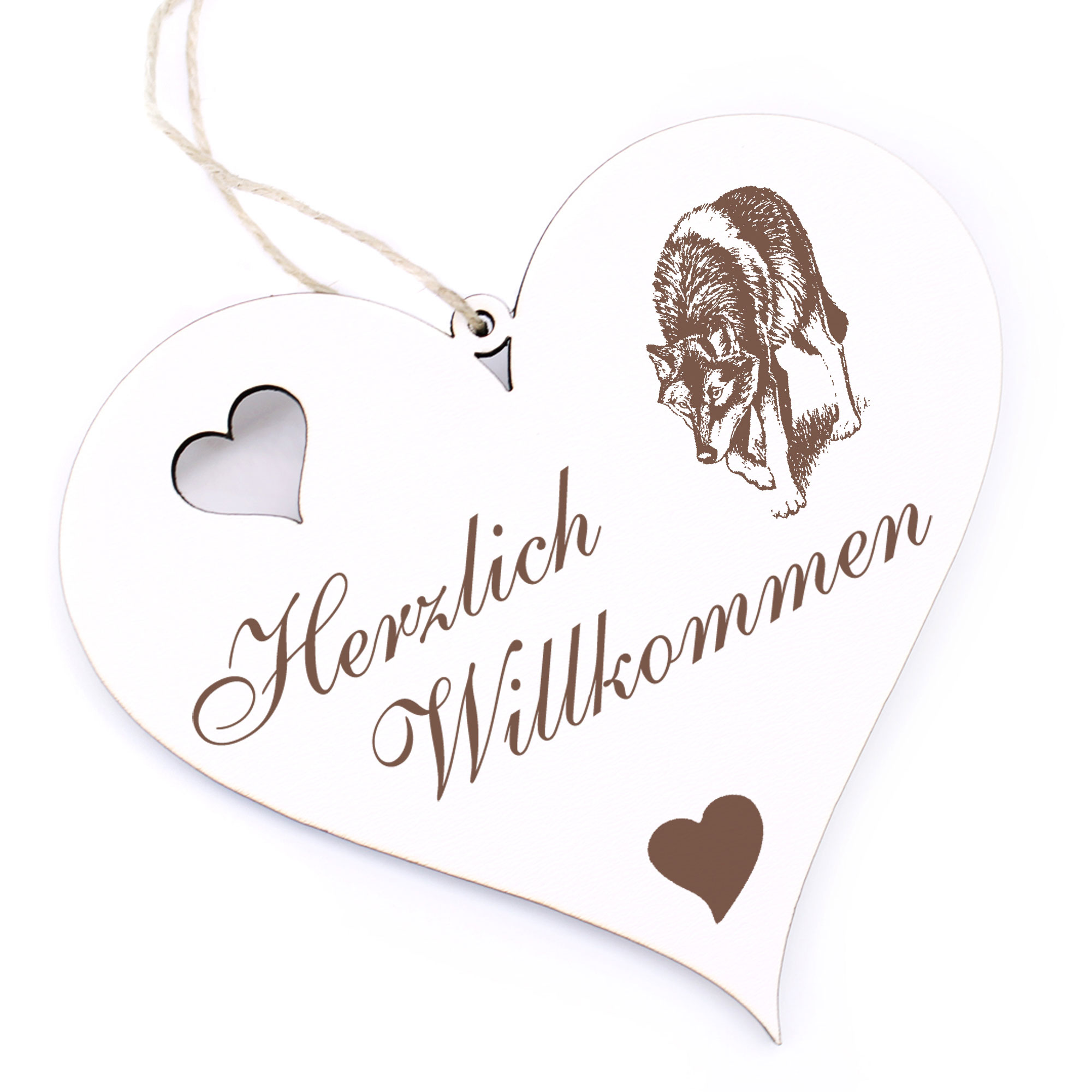 Herzlich Willkommen Schild - Wolf - Deko Herz Holz