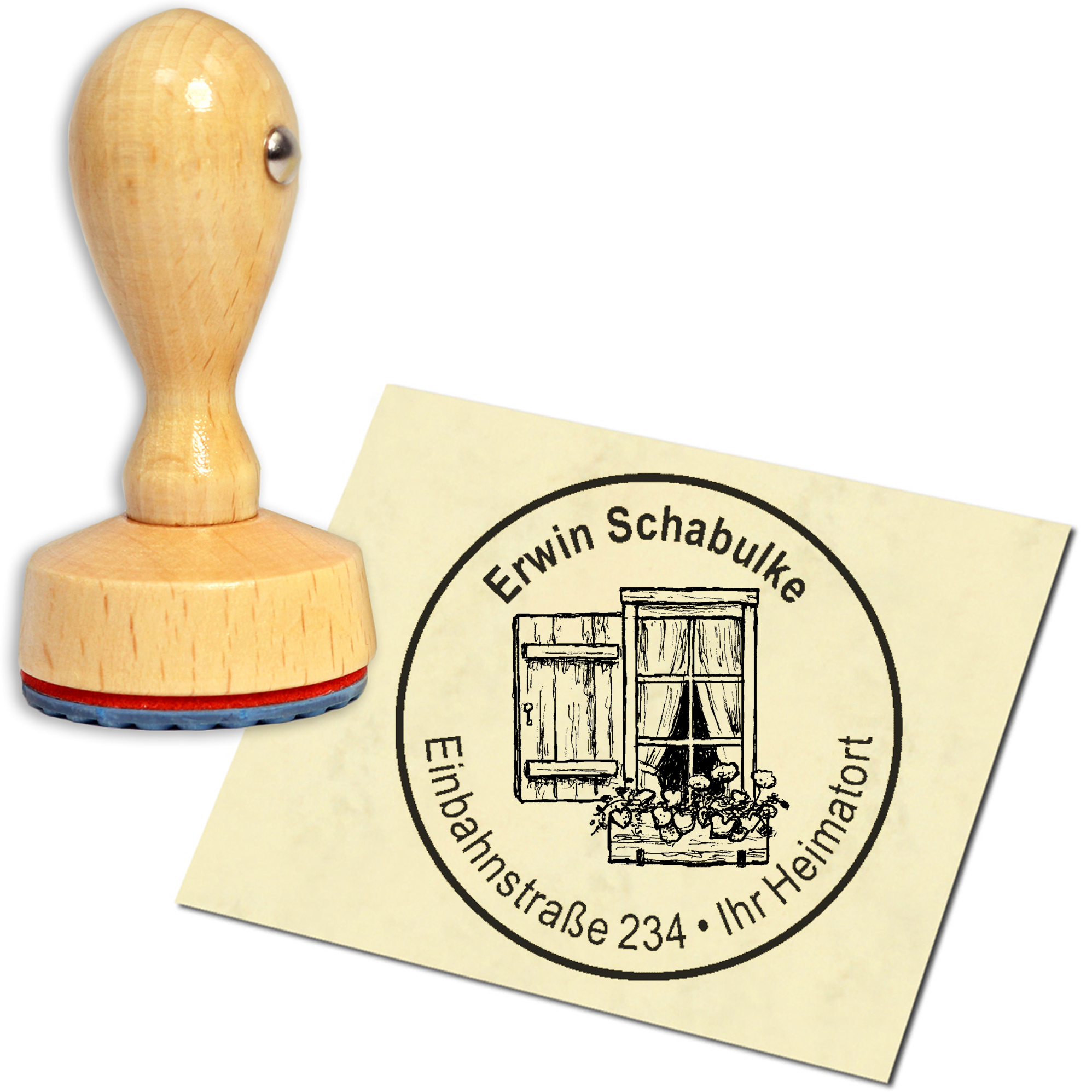 Stempel Adressstempel Holzstempel - Fenster mit Blumenkasten - rund 40mm