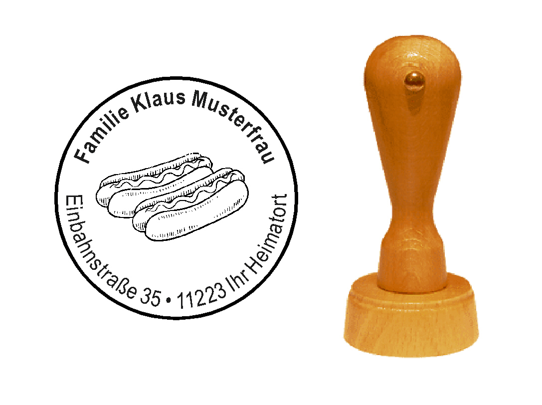 « Hotdog » Holzstempel mit persönlichem Wunschtext