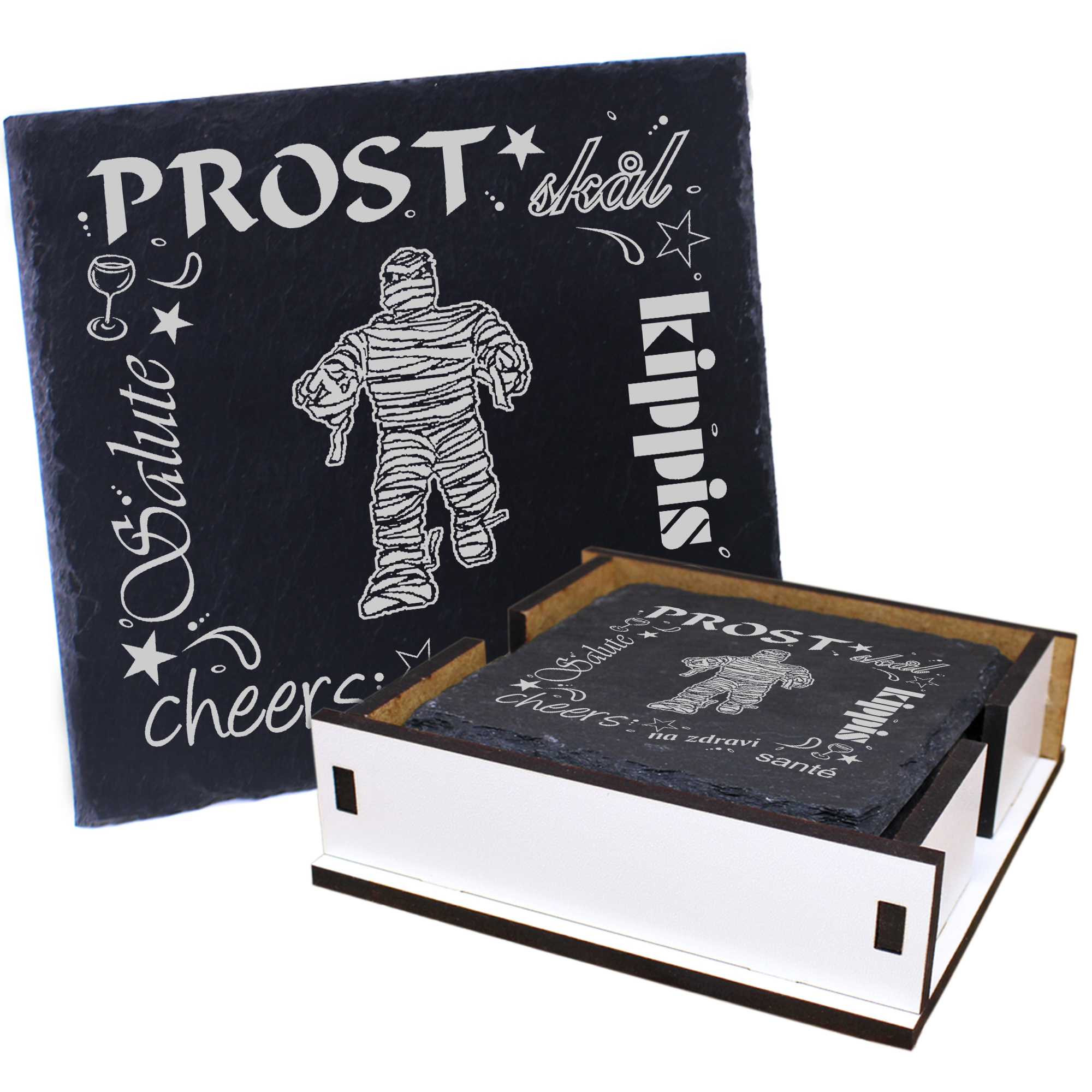 5 x Schiefer Untersetzer - Prost Mumie - inkl. Holzbox & Flaschenuntersetzer
