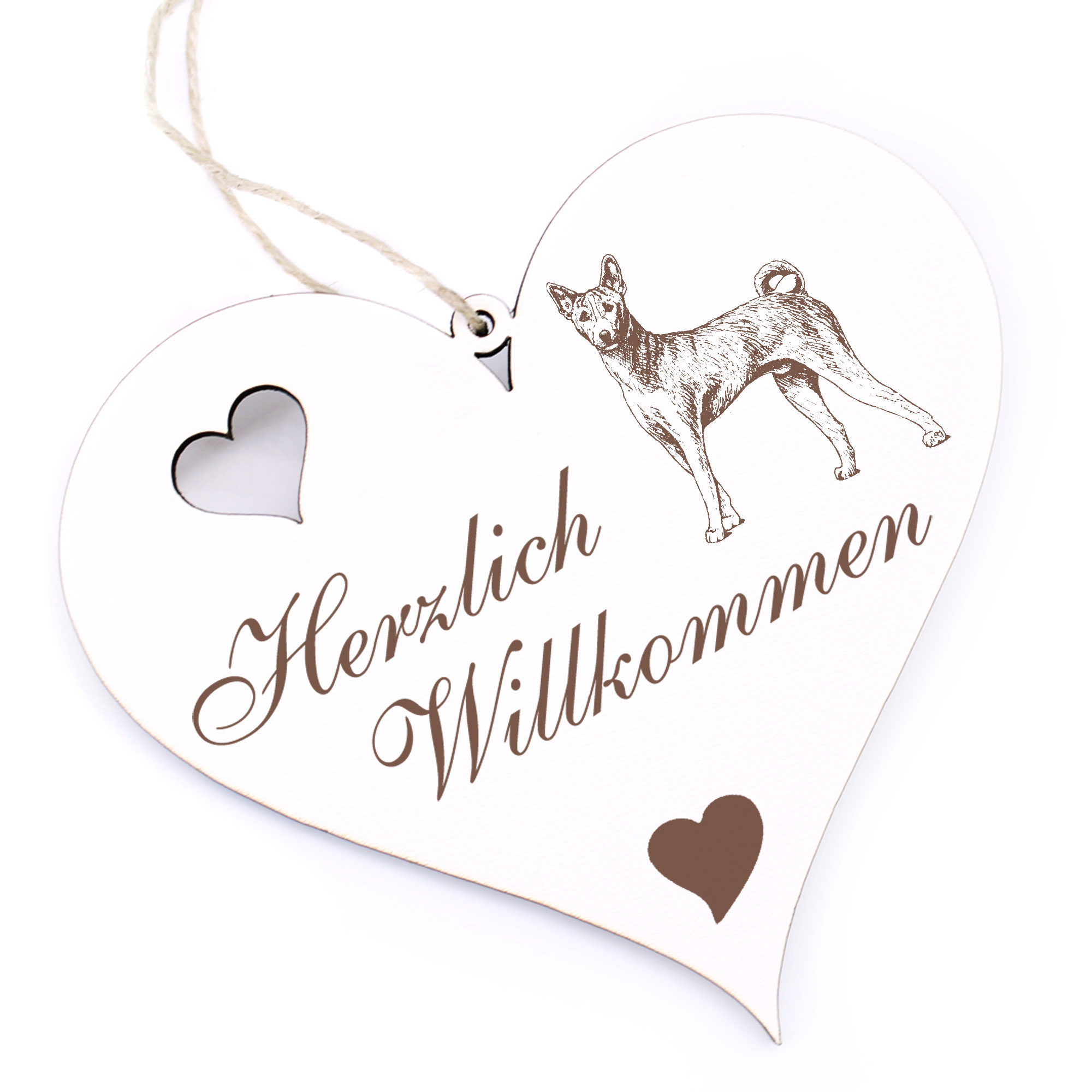 Herzlich Willkommen Schild - Basenji - Deko Herz Holz