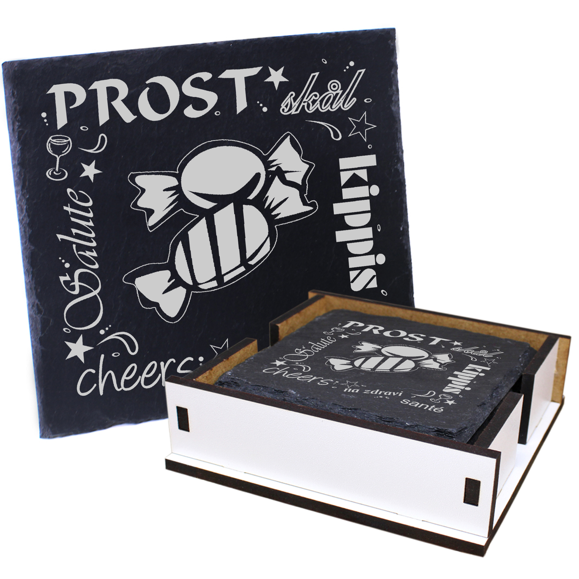 5 x Schiefer Untersetzer - Prost Bonbons - inkl. Holzbox & Flaschenuntersetzer